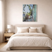 Gallery-wrapped canvas print of Henri Matisse's The Terrace, St. Tropez hanging above a bed in a bedroom