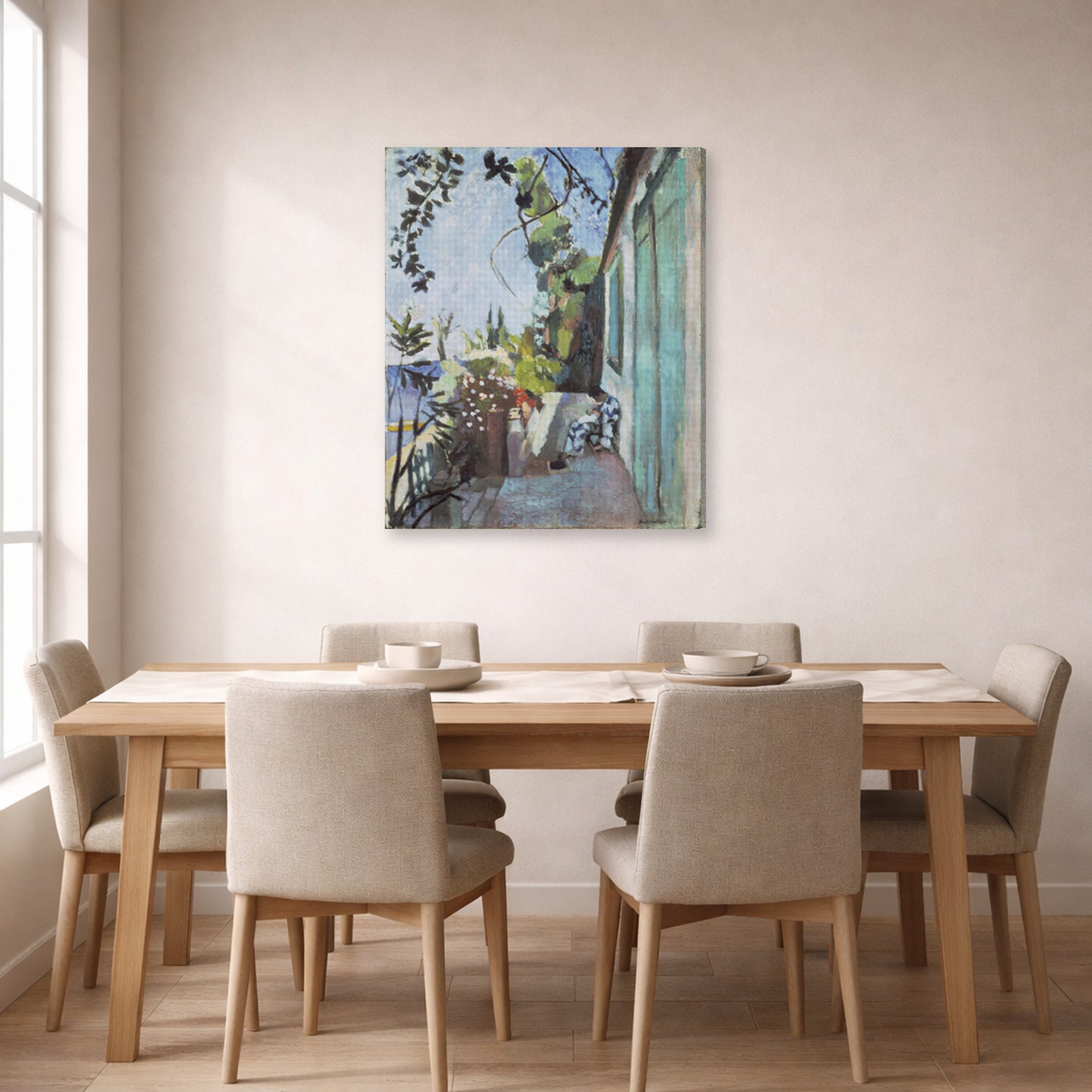 Gallery-wrapped canvas print of Henri Matisse's The Terrace, St. Tropez hanging on a dining room wall