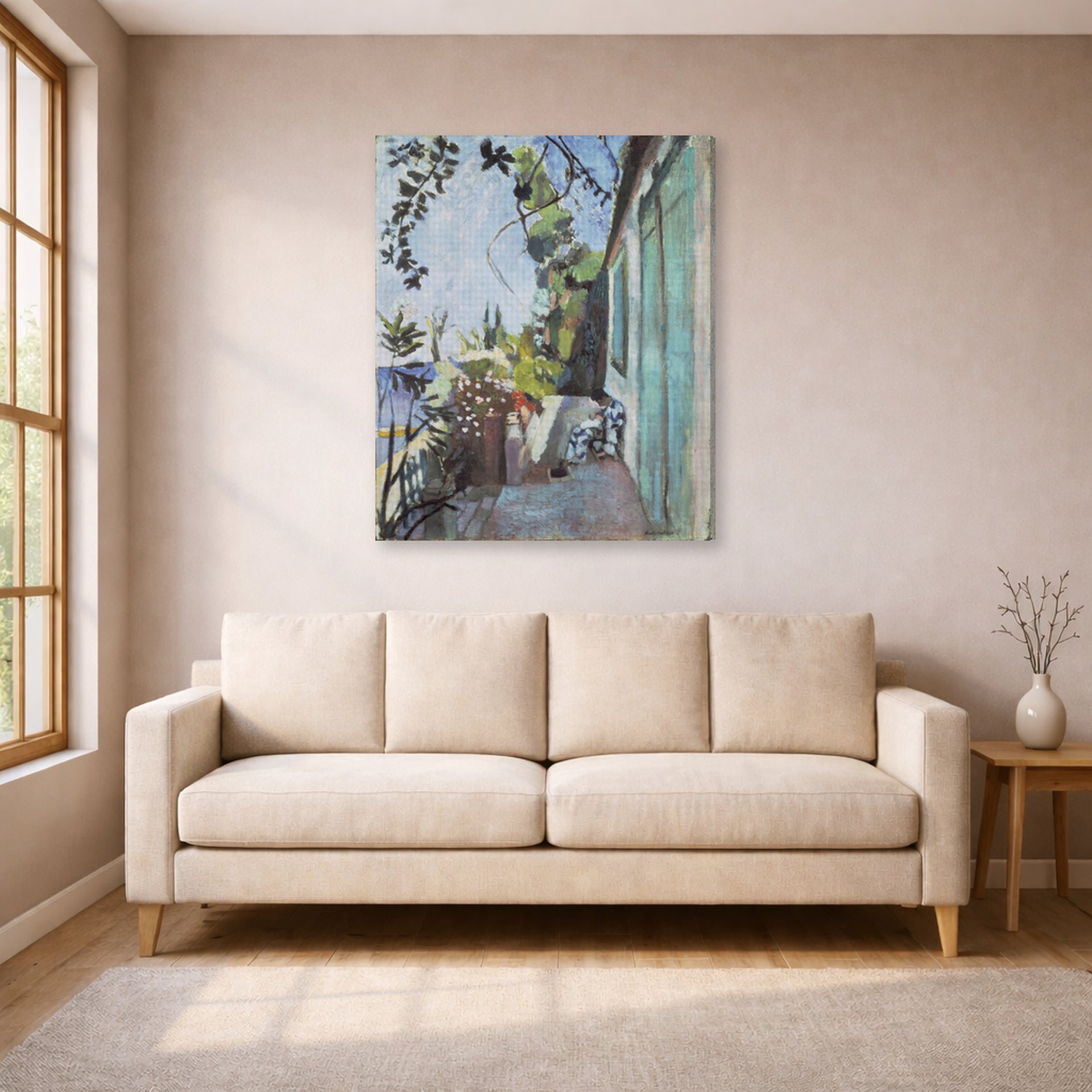 Gallery-wrapped canvas print of Henri Matisse's The Terrace, St. Tropez hanging in a living room, view 1