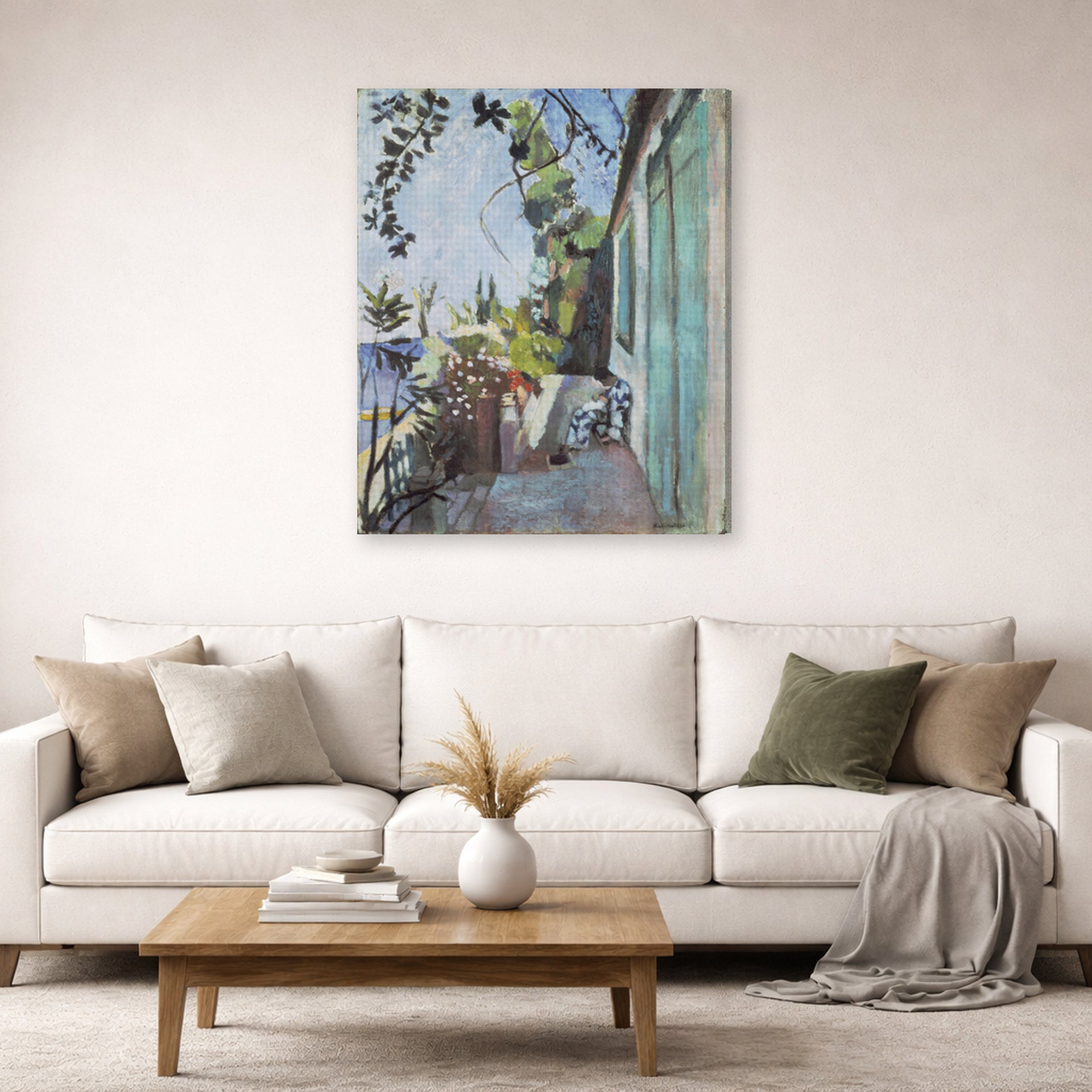 Gallery-wrapped canvas print of Henri Matisse's The Terrace, St. Tropez hanging in a living room, view 2