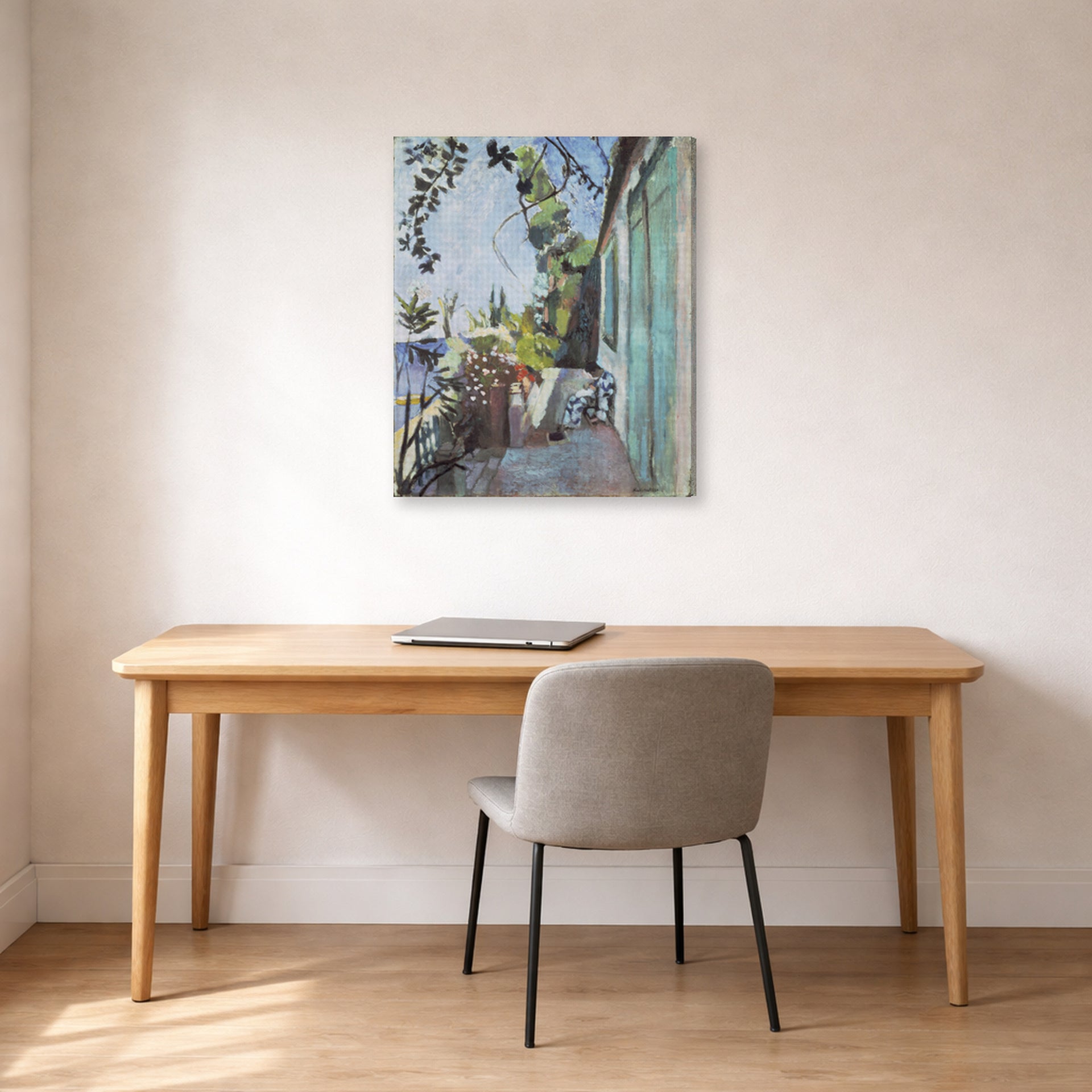 Gallery-wrapped canvas print of Henri Matisse's The Terrace, St. Tropez hanging in a home office