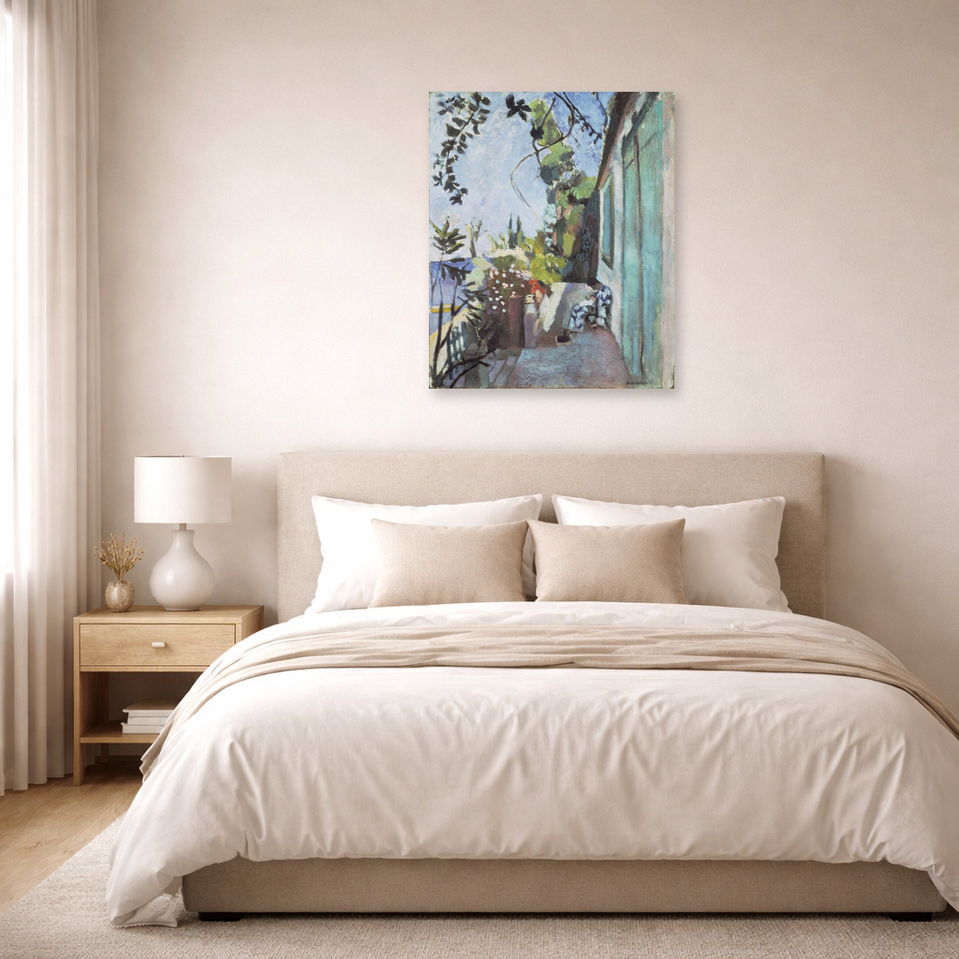 Unframed poster print of Henri Matisse's The Terrace, St. Tropez displayed above a bed in a bedroom