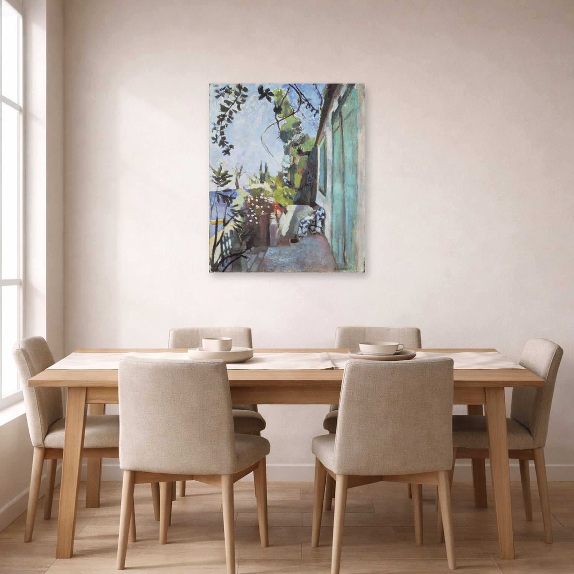 Unframed poster print of Henri Matisse's The Terrace, St. Tropez displayed on a dining room wall