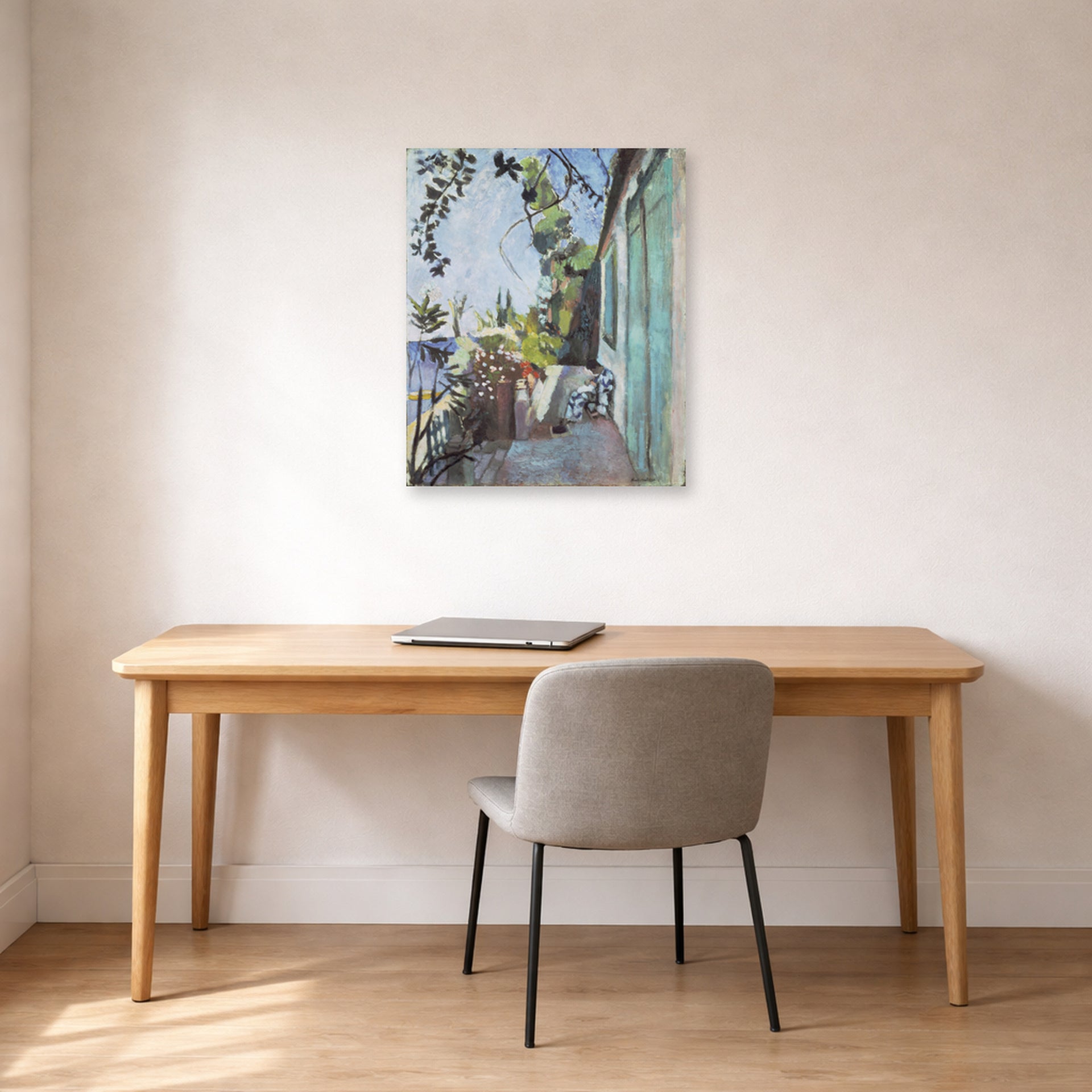 Unframed poster print of Henri Matisse's The Terrace, St. Tropez displayed in a home office
