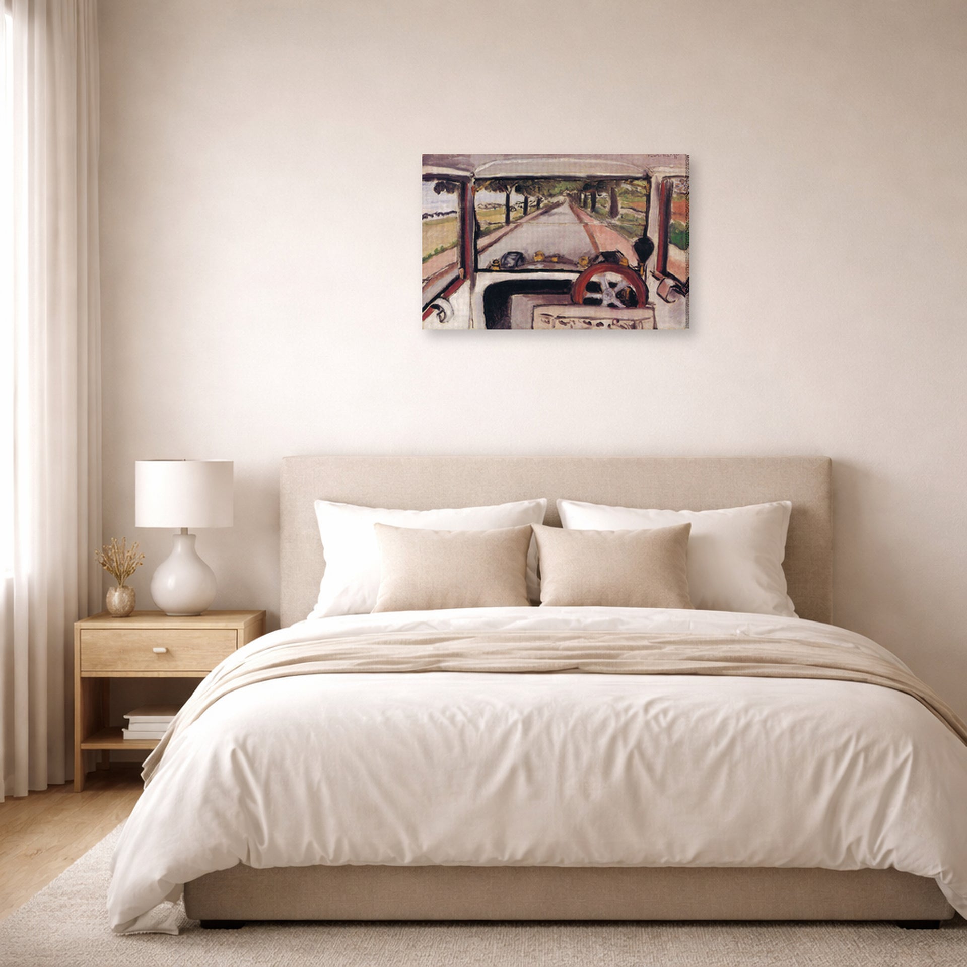 Gallery-wrapped canvas print of Henri Matisse's The Windshield hanging above a bed in a bedroom