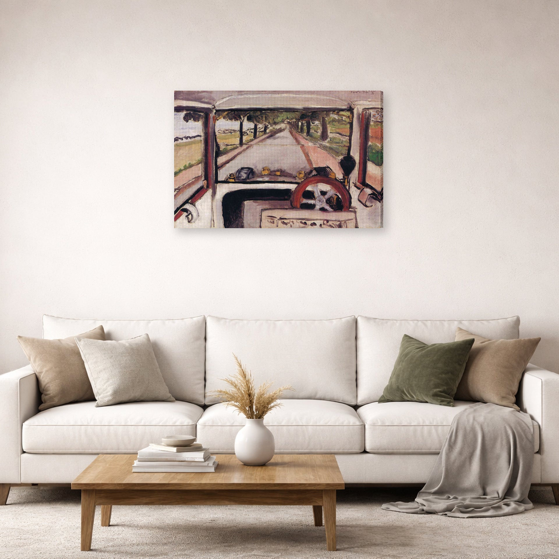 Gallery-wrapped canvas print of Henri Matisse's The Windshield hanging in a living room, view 2