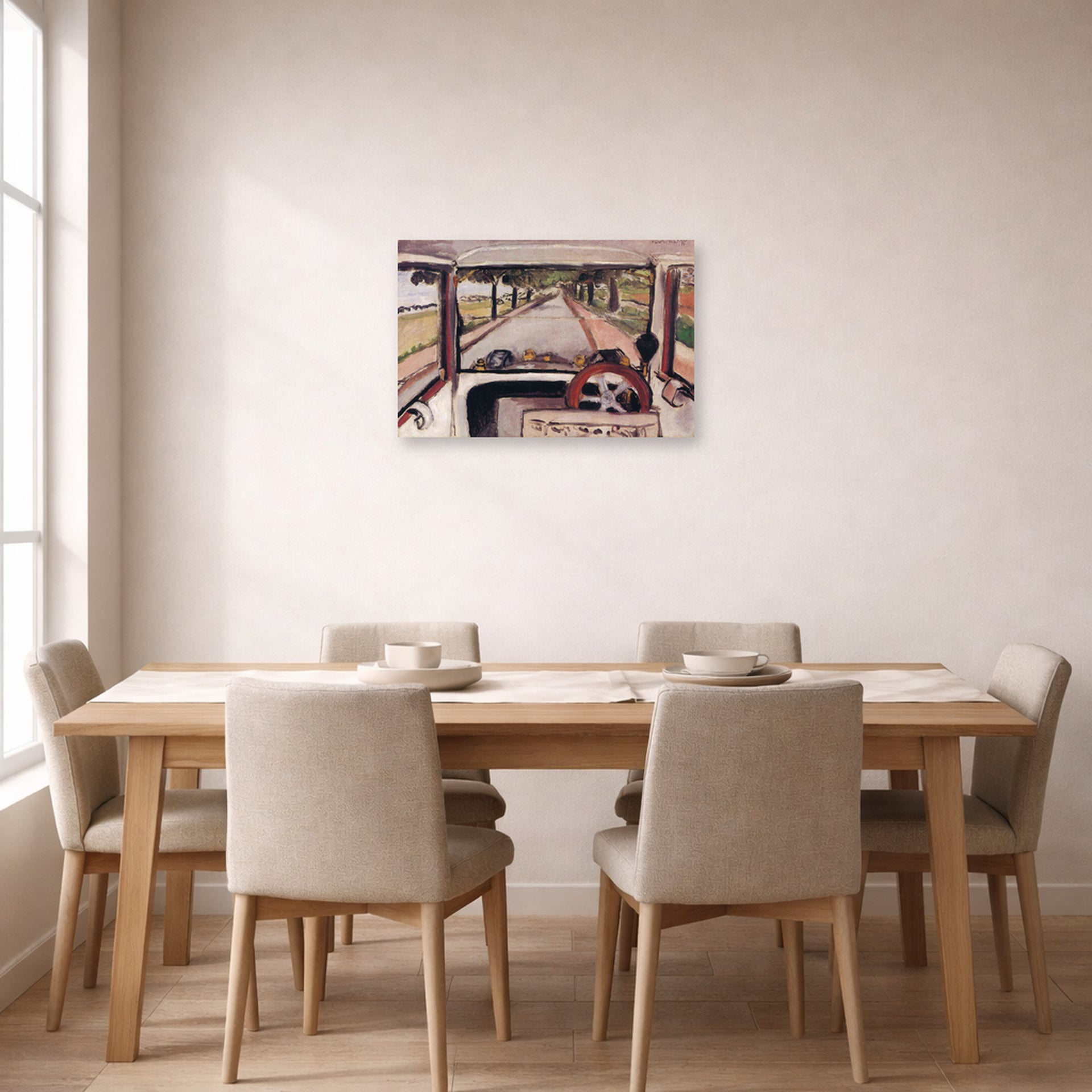 Unframed poster print of Henri Matisse's The Windshield displayed on a dining room wall