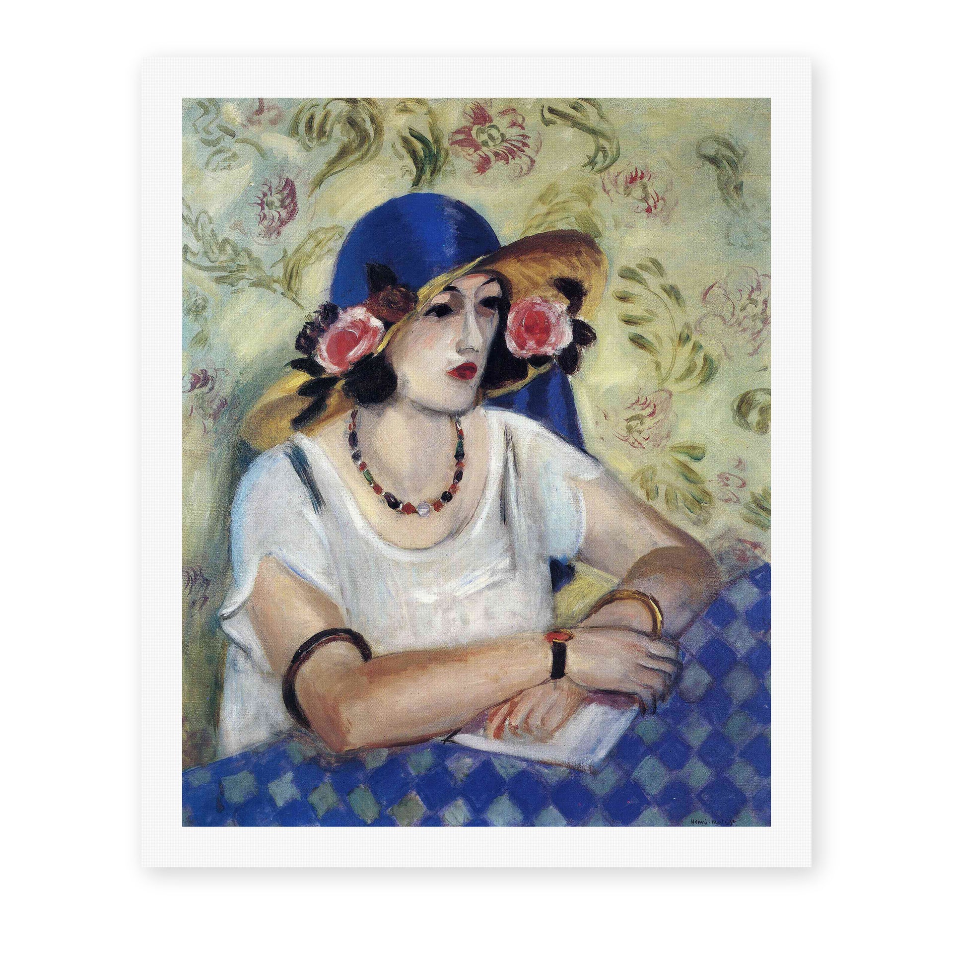 Henri Matisse's The Woven Italian Straw Hat painting reproduced as a rolled canvas print