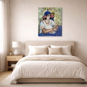 Gallery-wrapped canvas print of Henri Matisse's The Woven Italian Straw Hat hanging above a bed in a bedroom