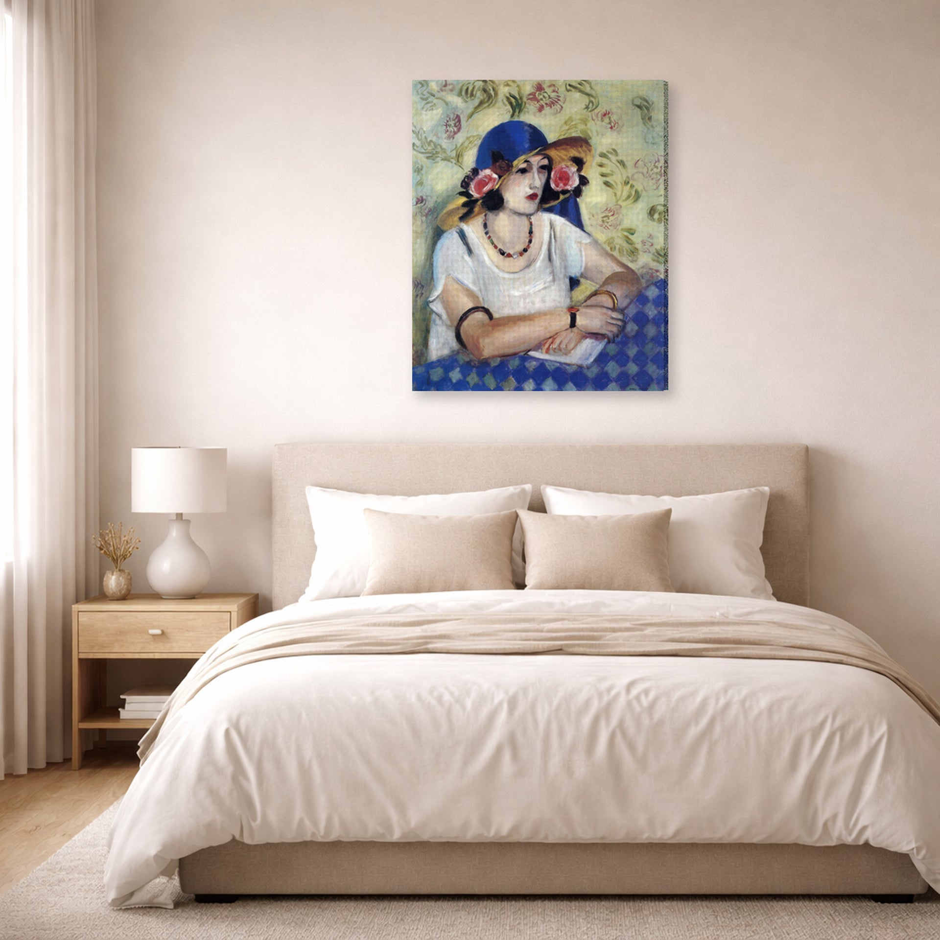 Gallery-wrapped canvas print of Henri Matisse's The Woven Italian Straw Hat hanging above a bed in a bedroom