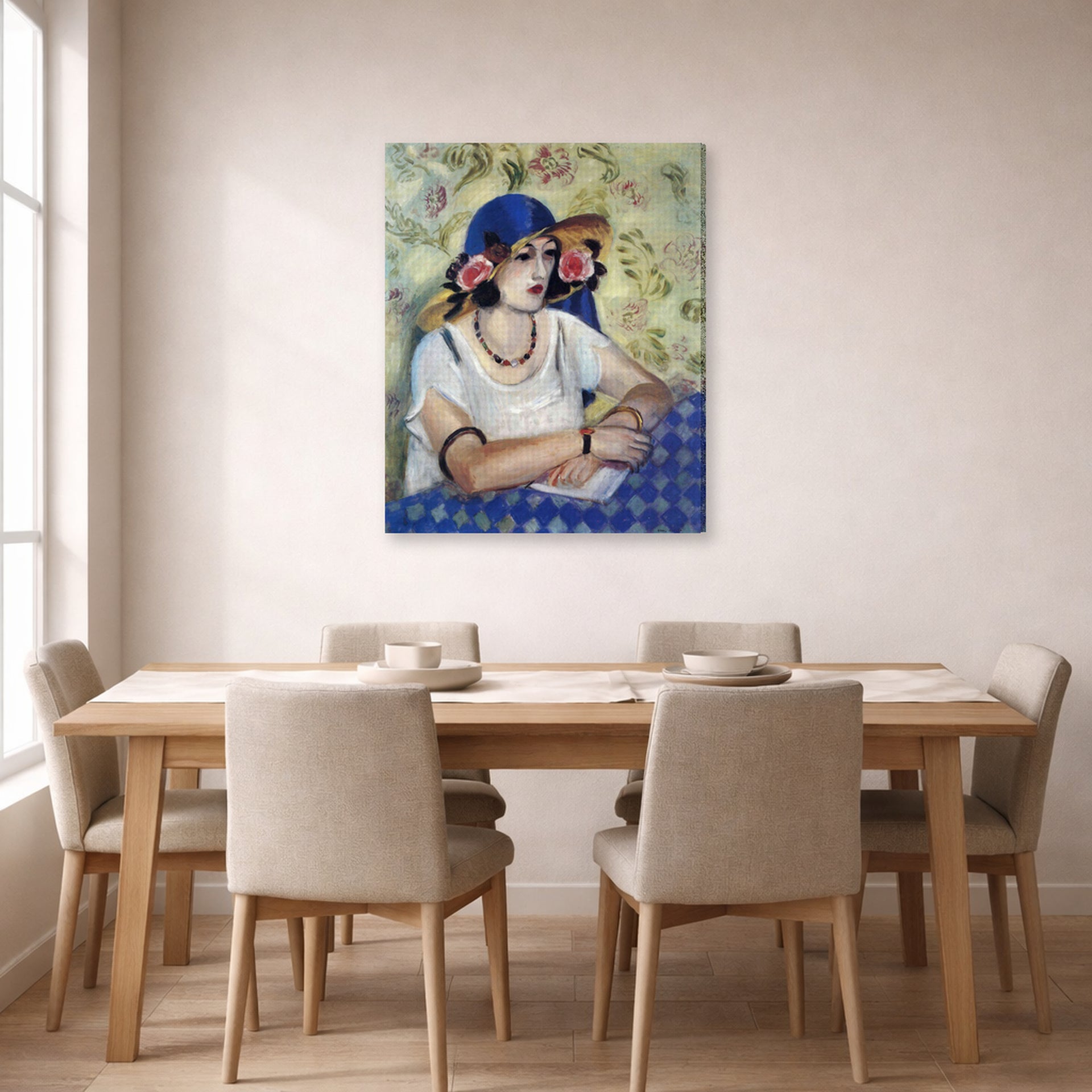 Gallery-wrapped canvas print of Henri Matisse's The Woven Italian Straw Hat hanging on a dining room wall
