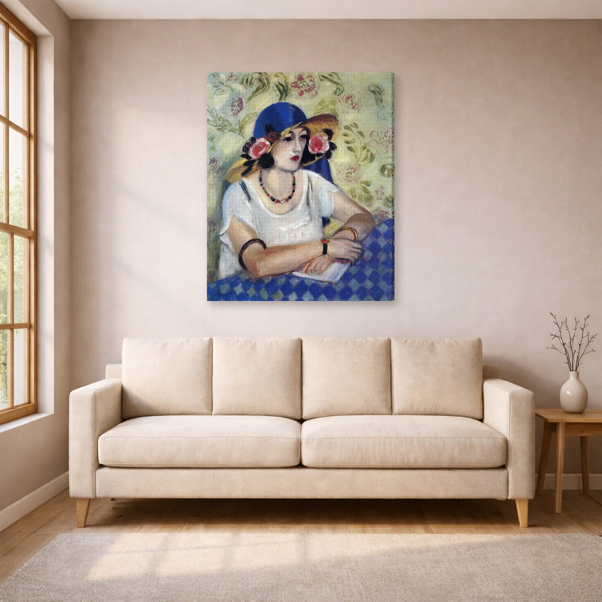 Gallery-wrapped canvas print of Henri Matisse's The Woven Italian Straw Hat hanging in a living room, view 1