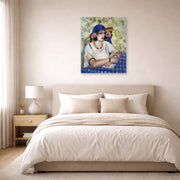 Unframed poster print of Henri Matisse's The Woven Italian Straw Hat displayed above a bed in a bedroom