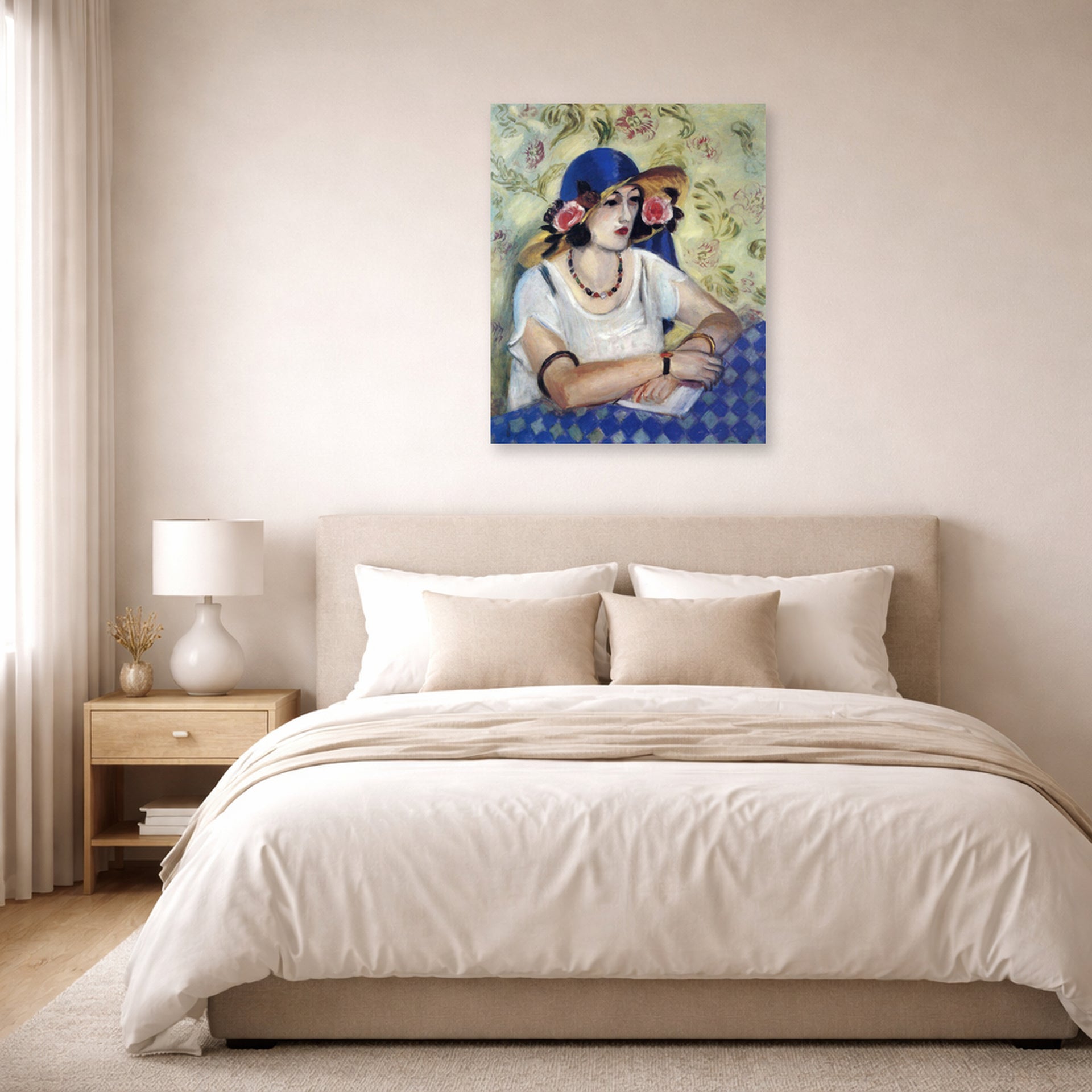 Unframed poster print of Henri Matisse's The Woven Italian Straw Hat displayed above a bed in a bedroom