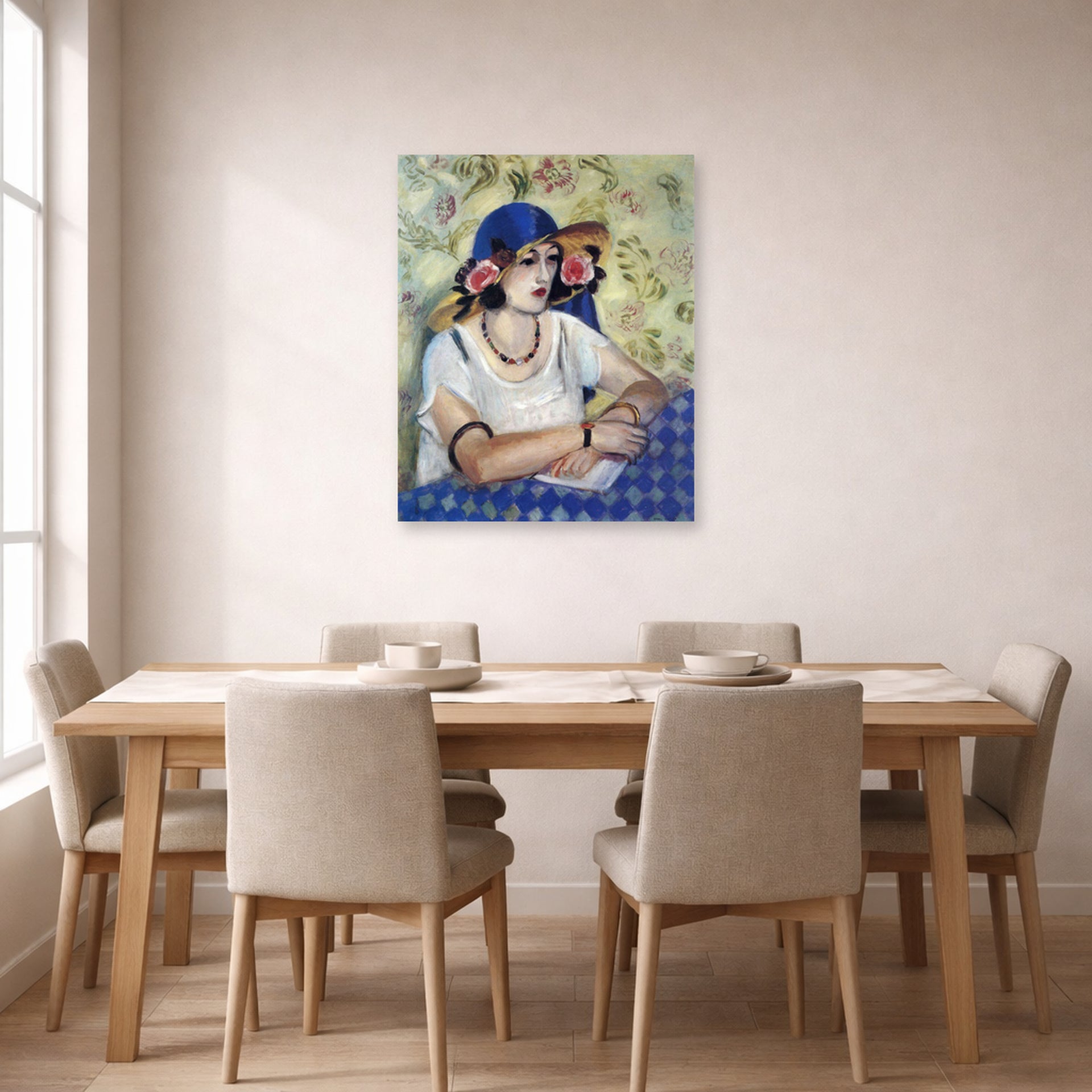 Unframed poster print of Henri Matisse's The Woven Italian Straw Hat displayed on a dining room wall
