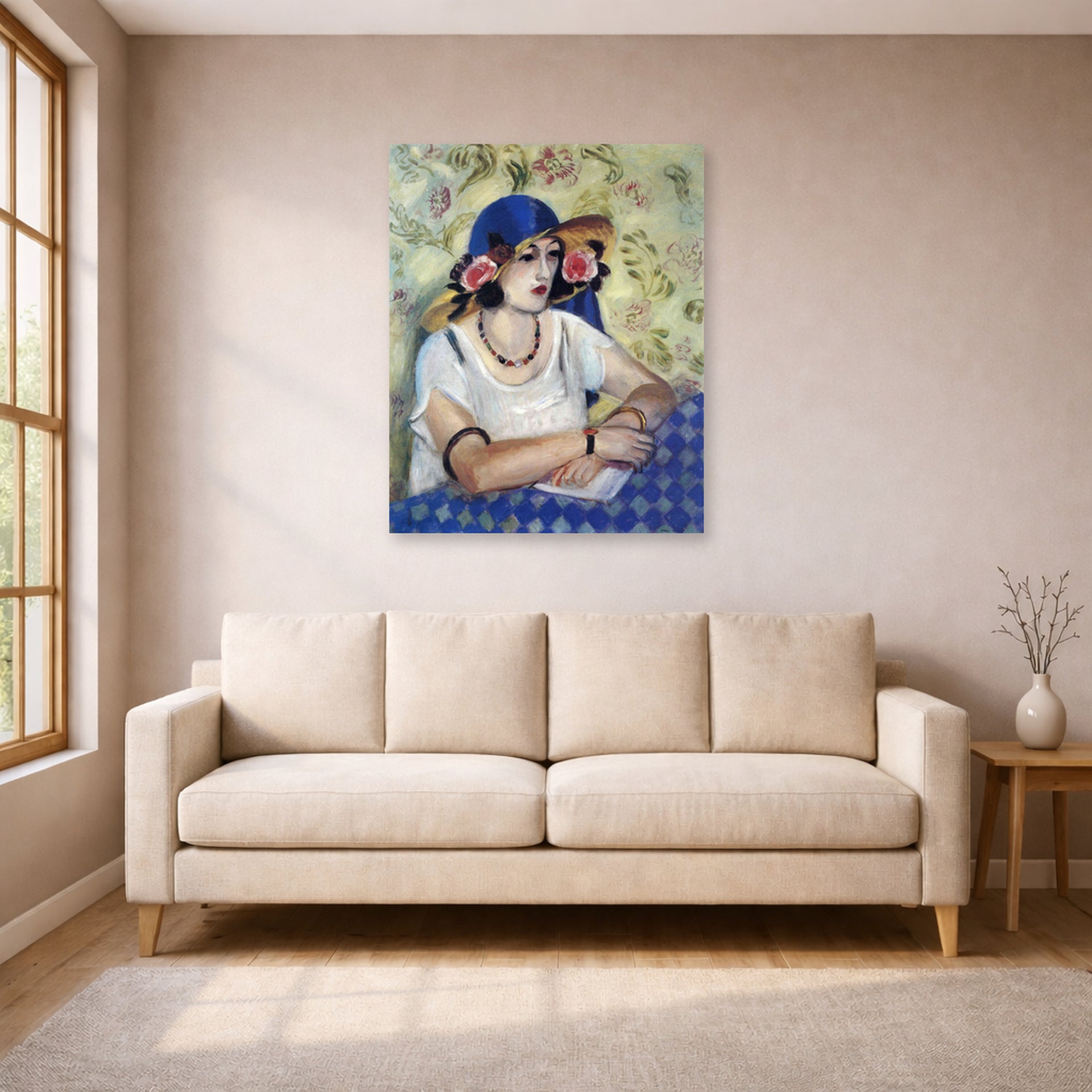 Unframed poster print of Henri Matisse's The Woven Italian Straw Hat displayed in a living room, view 1