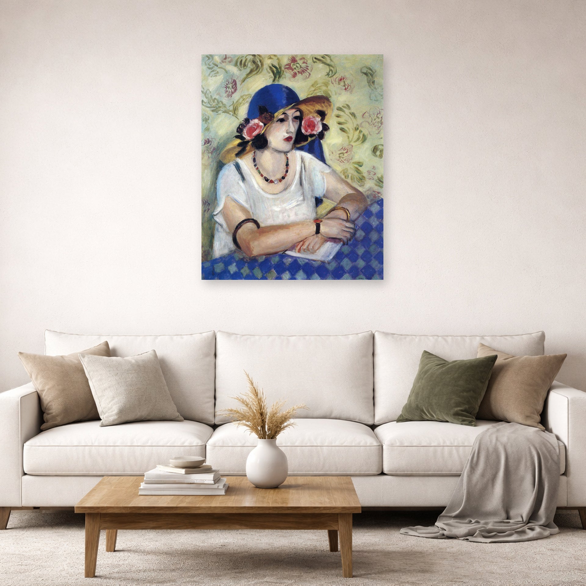 Unframed poster print of Henri Matisse's The Woven Italian Straw Hat displayed in a living room, view 2