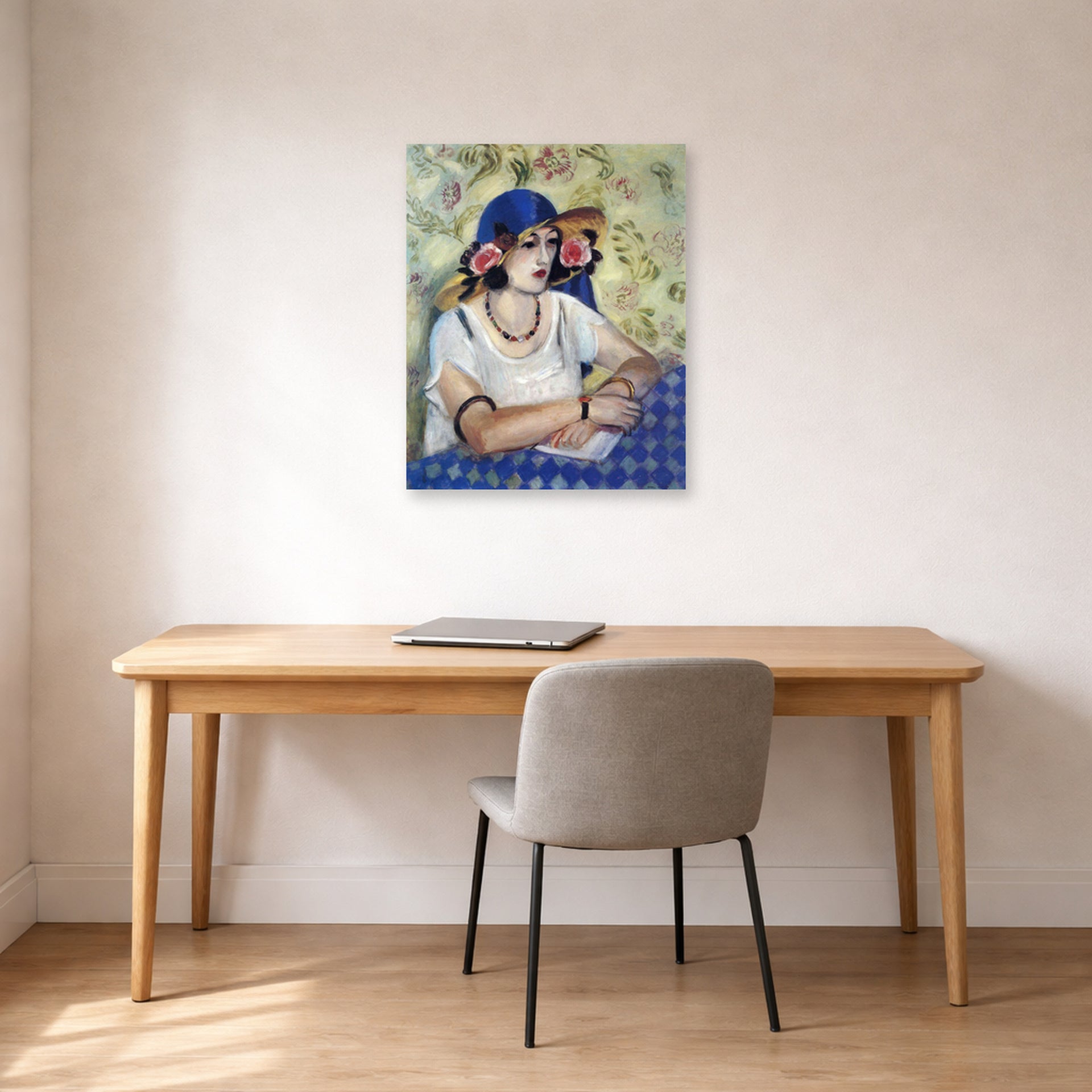 Unframed poster print of Henri Matisse's The Woven Italian Straw Hat displayed in a home office