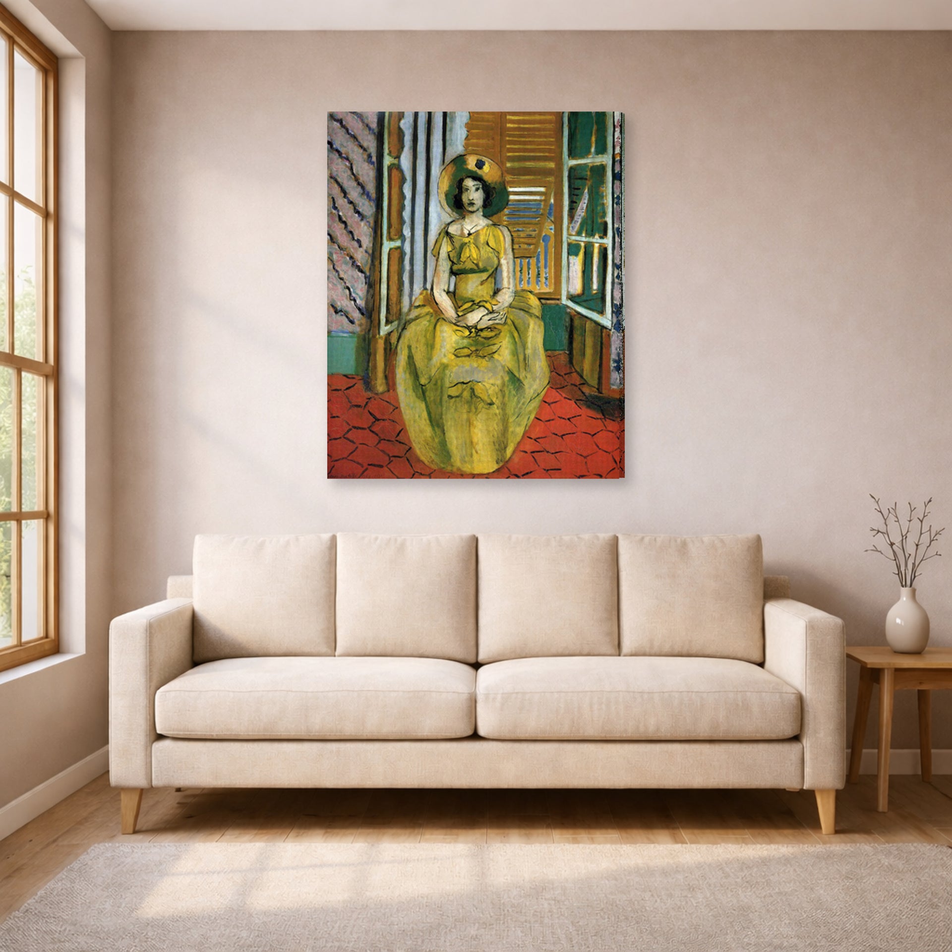 Gallery-wrapped canvas print of Henri Matisse's The Yellow Dress hanging in a living room, view 1