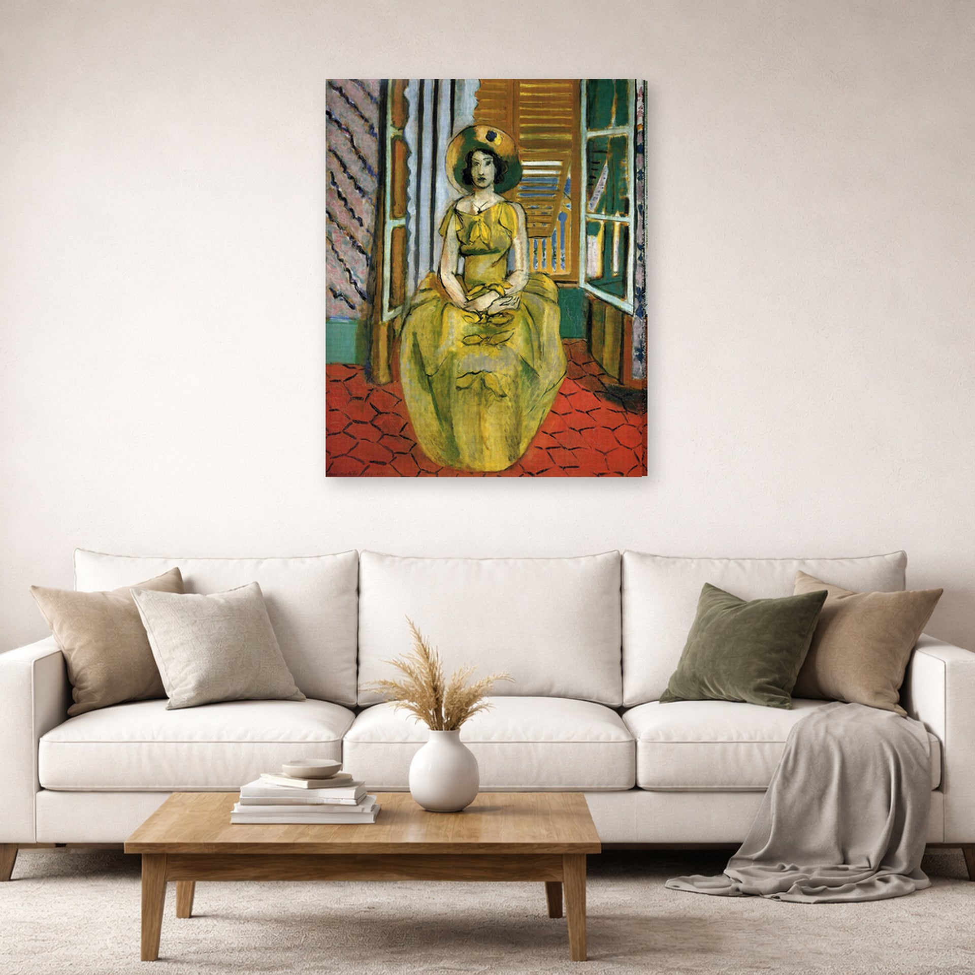 Gallery-wrapped canvas print of Henri Matisse's The Yellow Dress hanging in a living room, view 2