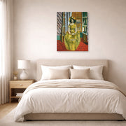 Unframed poster print of Henri Matisse's The Yellow Dress displayed above a bed in a bedroom