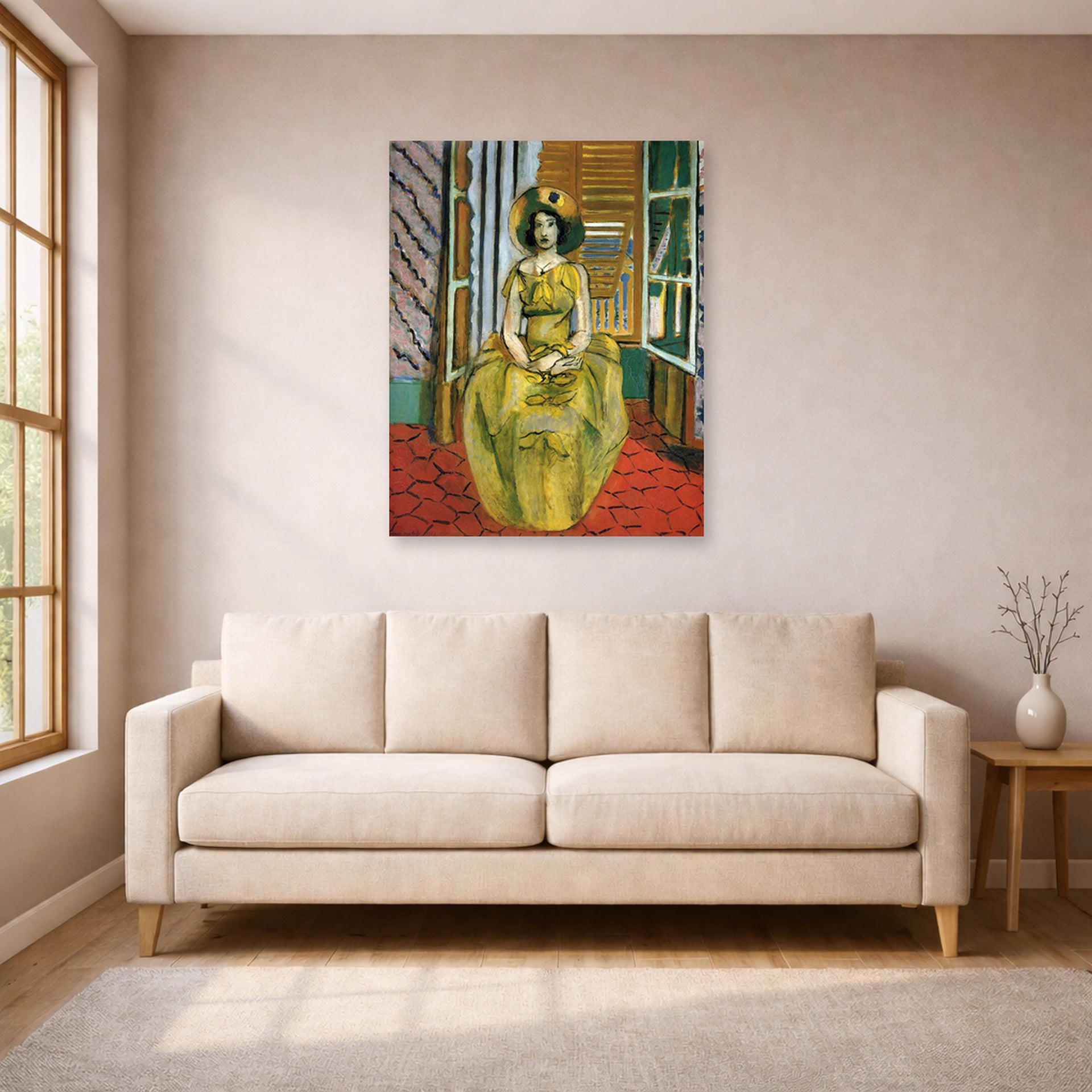 Unframed poster print of Henri Matisse's The Yellow Dress displayed in a living room, view 1