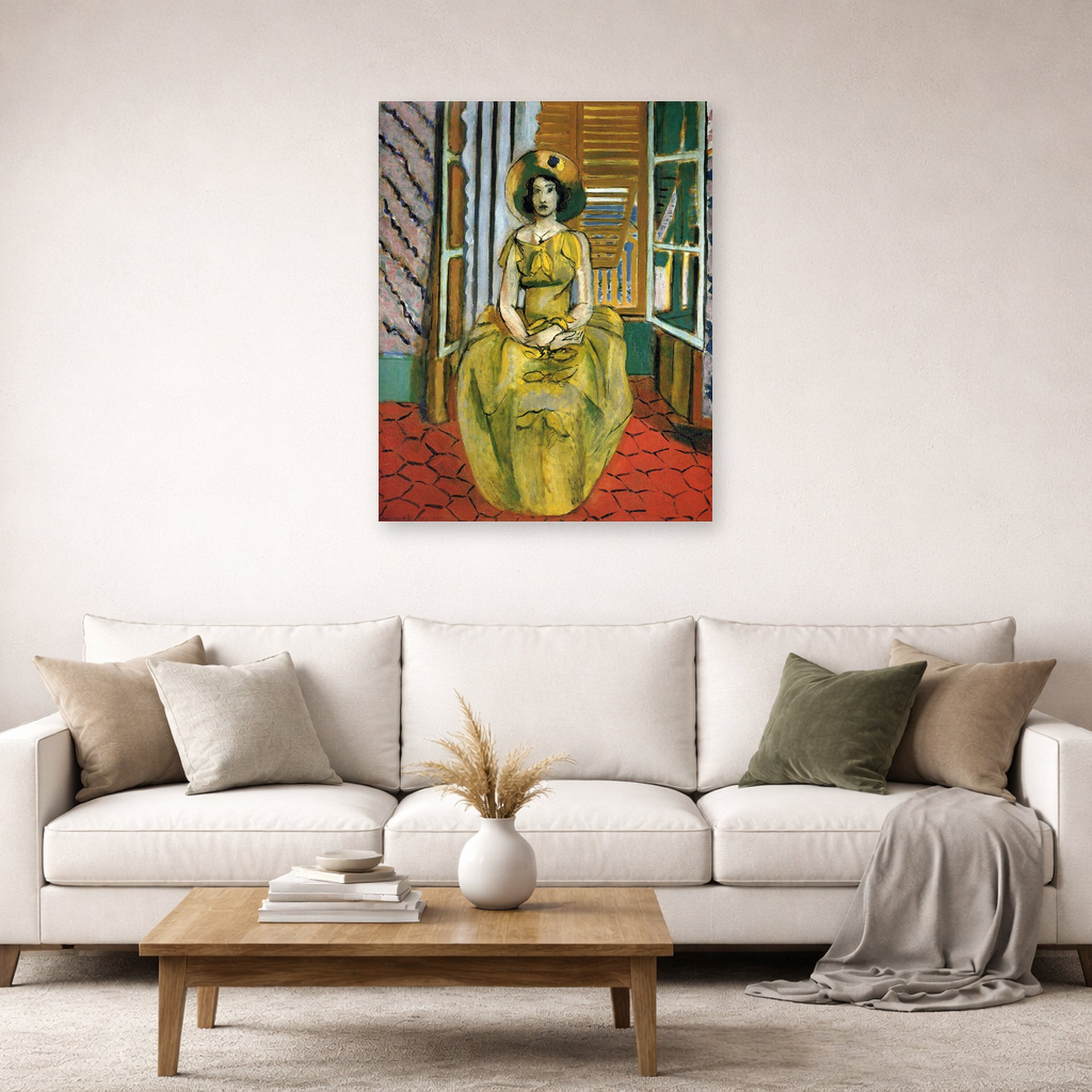 Unframed poster print of Henri Matisse's The Yellow Dress displayed in a living room, view 2