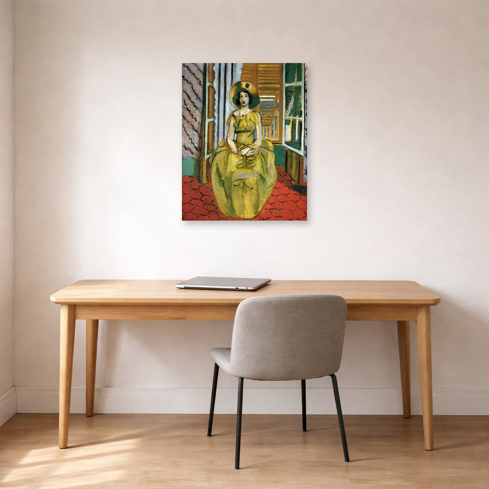Unframed poster print of Henri Matisse's The Yellow Dress displayed in a home office