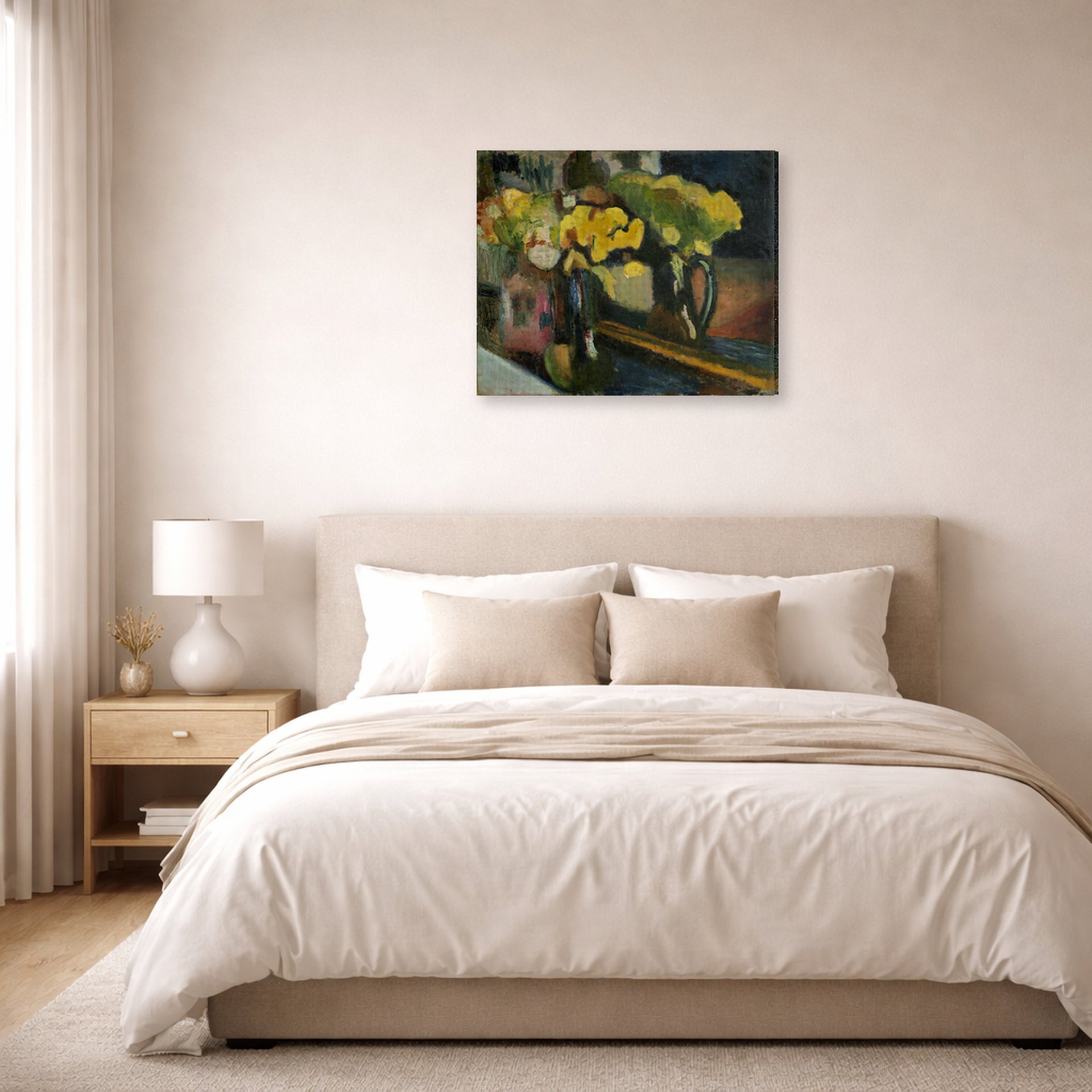 Gallery-wrapped canvas print of Henri Matisse's The Yellow Flowers hanging above a bed in a bedroom