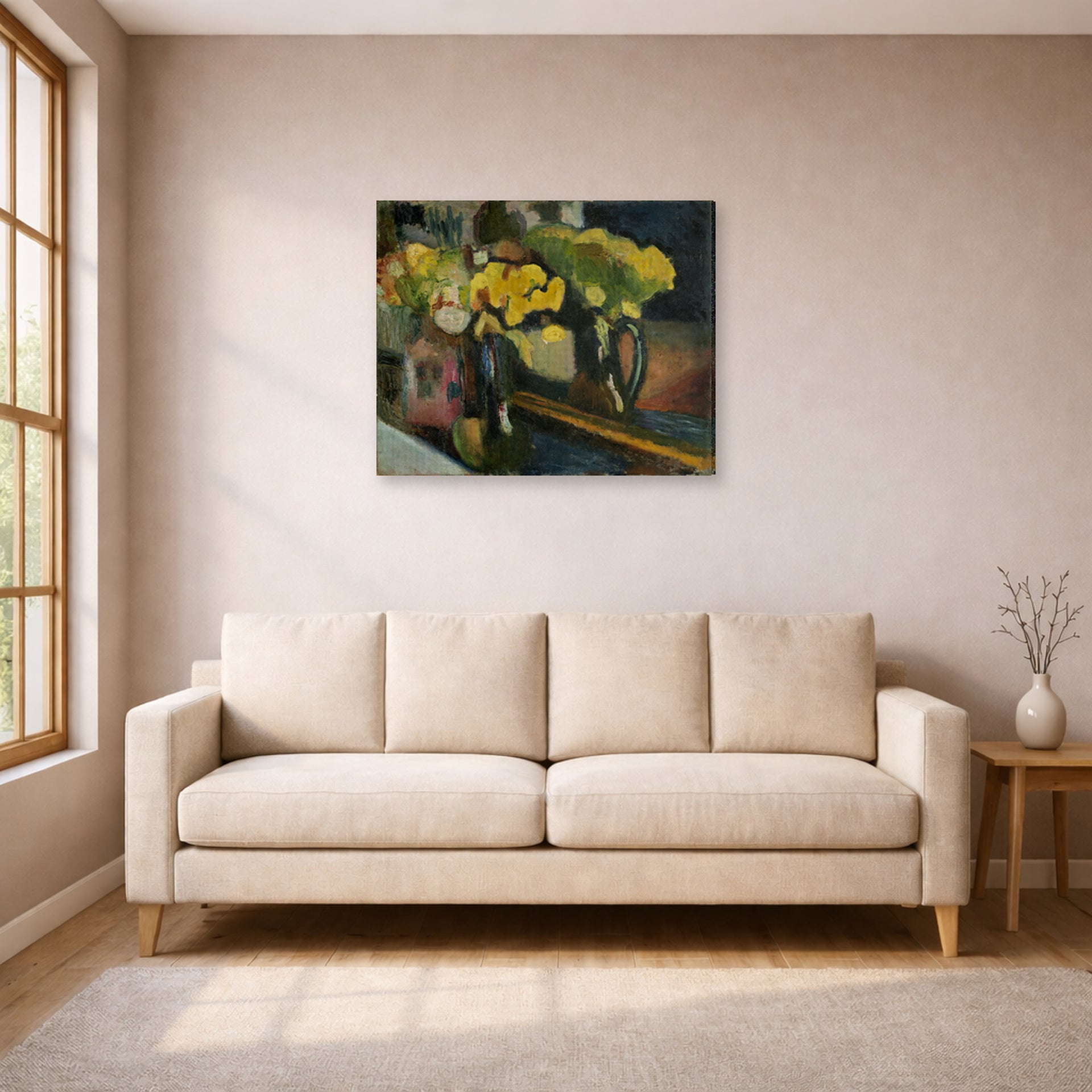 Gallery-wrapped canvas print of Henri Matisse's The Yellow Flowers hanging in a living room, view 1