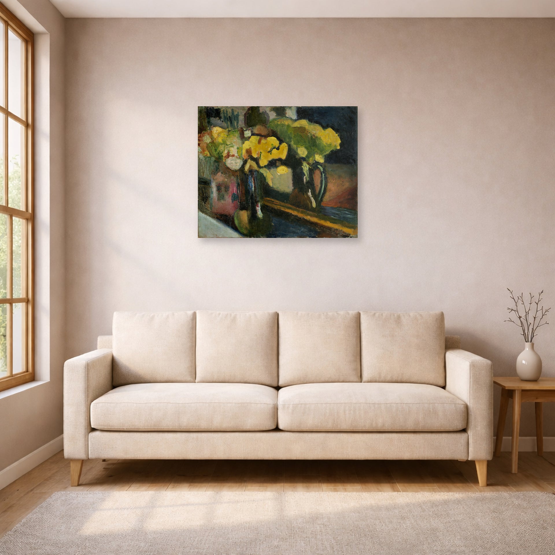 Unframed poster print of Henri Matisse's The Yellow Flowers displayed in a living room, view 1
