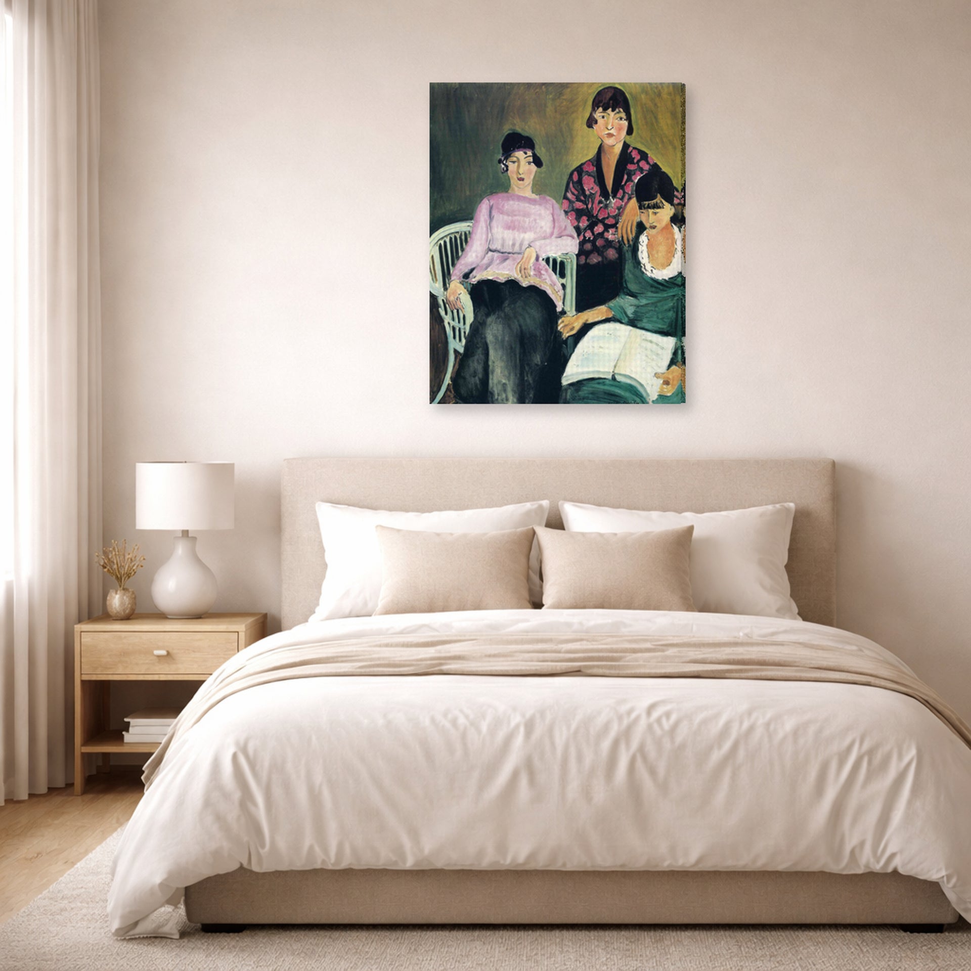 Gallery-wrapped canvas print of Henri Matisse's Three Sisters hanging above a bed in a bedroom