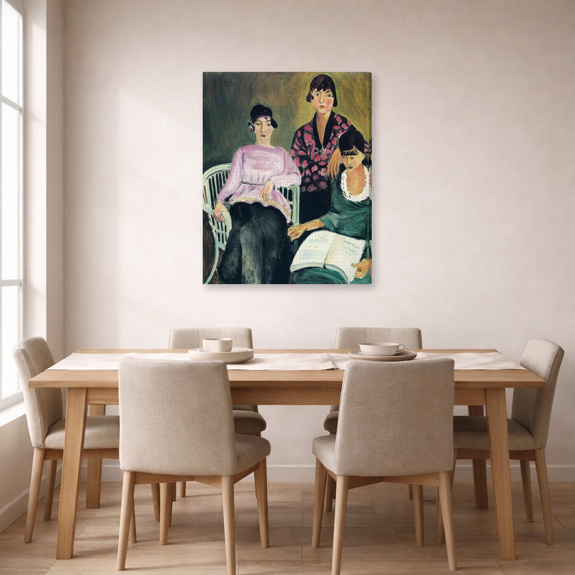 Gallery-wrapped canvas print of Henri Matisse's Three Sisters hanging on a dining room wall