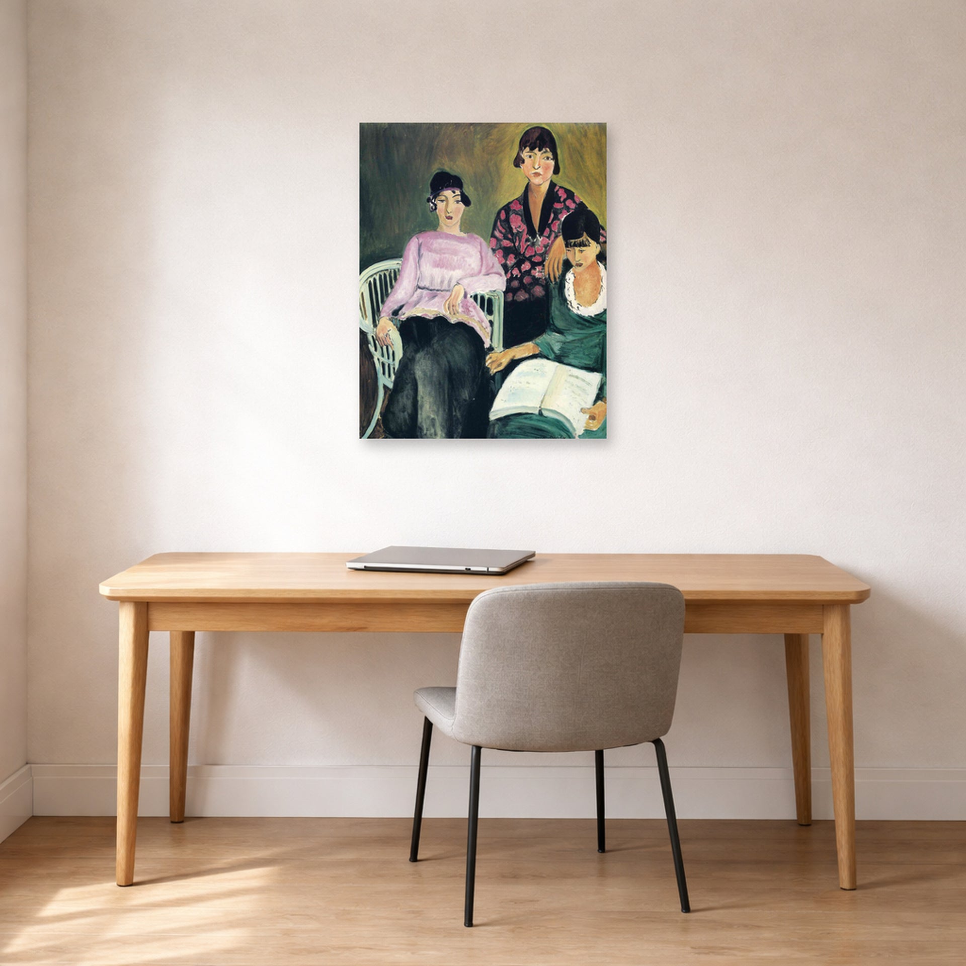Unframed poster print of Henri Matisse's Three Sisters displayed in a home office