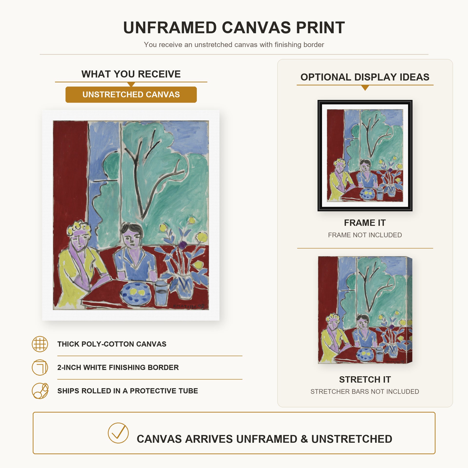 Henri Matisse - Two Girls, Red and Green Background canvas print size comparison and framing display infographic