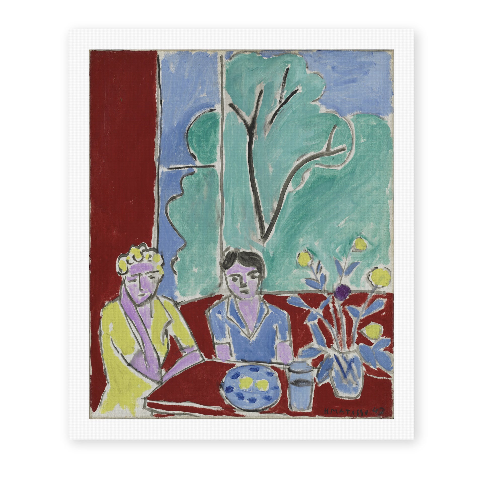 Henri Matisse's Two Girls, Red and Green Background painting reproduced as a rolled canvas print