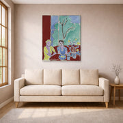 Gallery-wrapped canvas print of Henri Matisse's Two Girls, Red and Green Background hanging in a living room, view 1