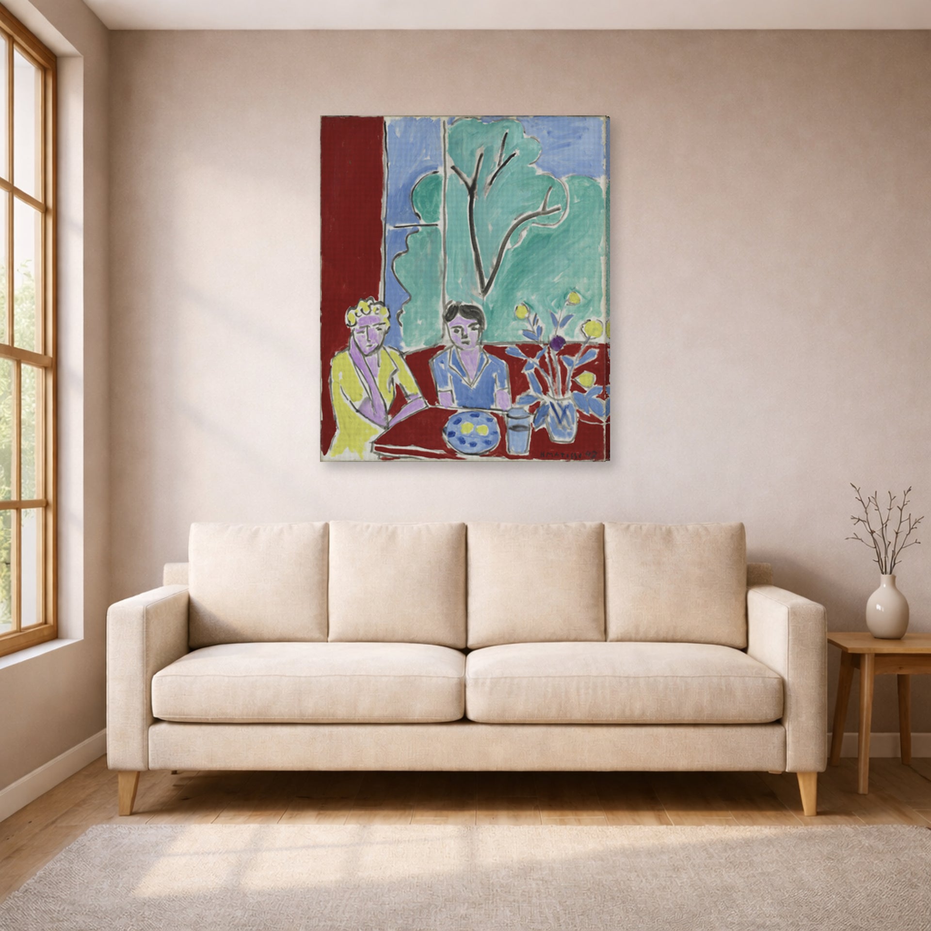 Gallery-wrapped canvas print of Henri Matisse's Two Girls, Red and Green Background hanging in a living room, view 1