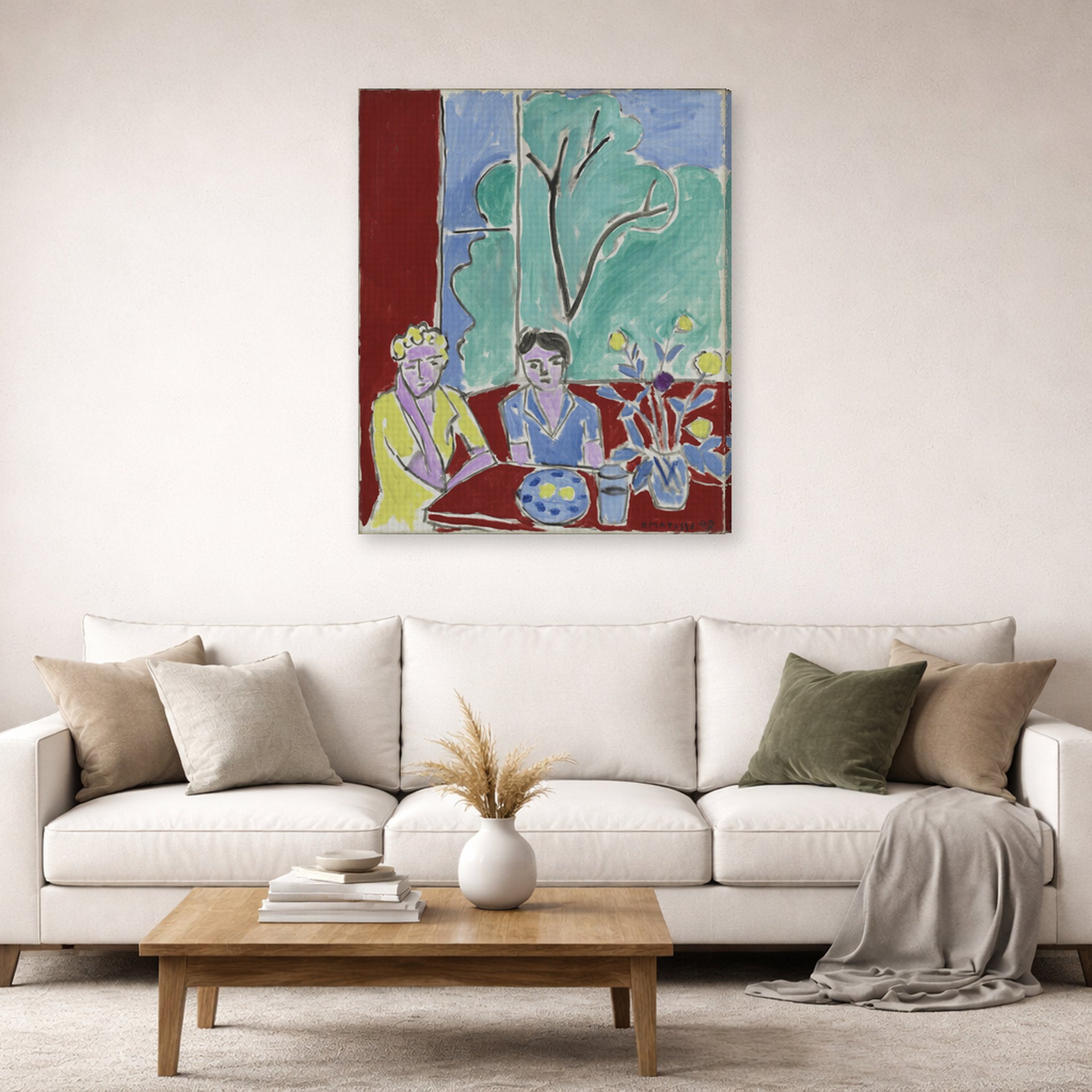 Gallery-wrapped canvas print of Henri Matisse's Two Girls, Red and Green Background hanging in a living room, view 2