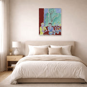 Unframed poster print of Henri Matisse's Two Girls, Red and Green Background displayed above a bed in a bedroom