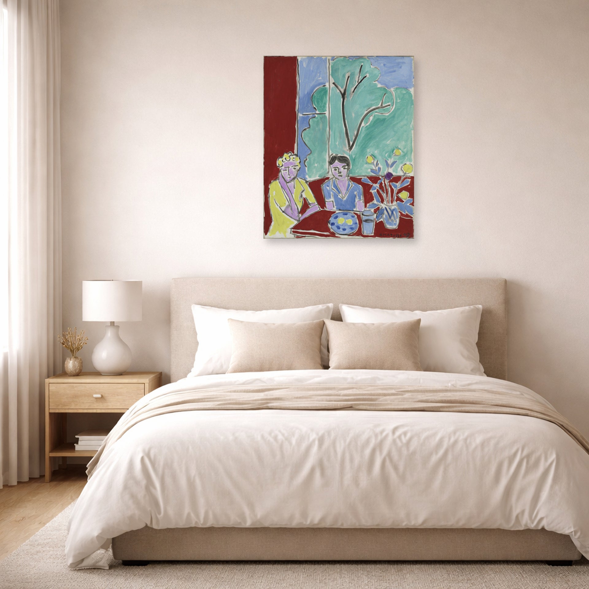 Unframed poster print of Henri Matisse's Two Girls, Red and Green Background displayed above a bed in a bedroom