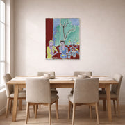 Unframed poster print of Henri Matisse's Two Girls, Red and Green Background displayed on a dining room wall