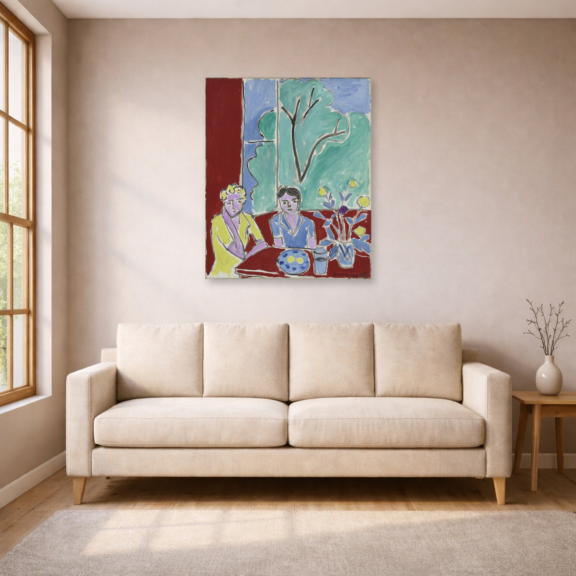 Unframed poster print of Henri Matisse's Two Girls, Red and Green Background displayed in a living room, view 1