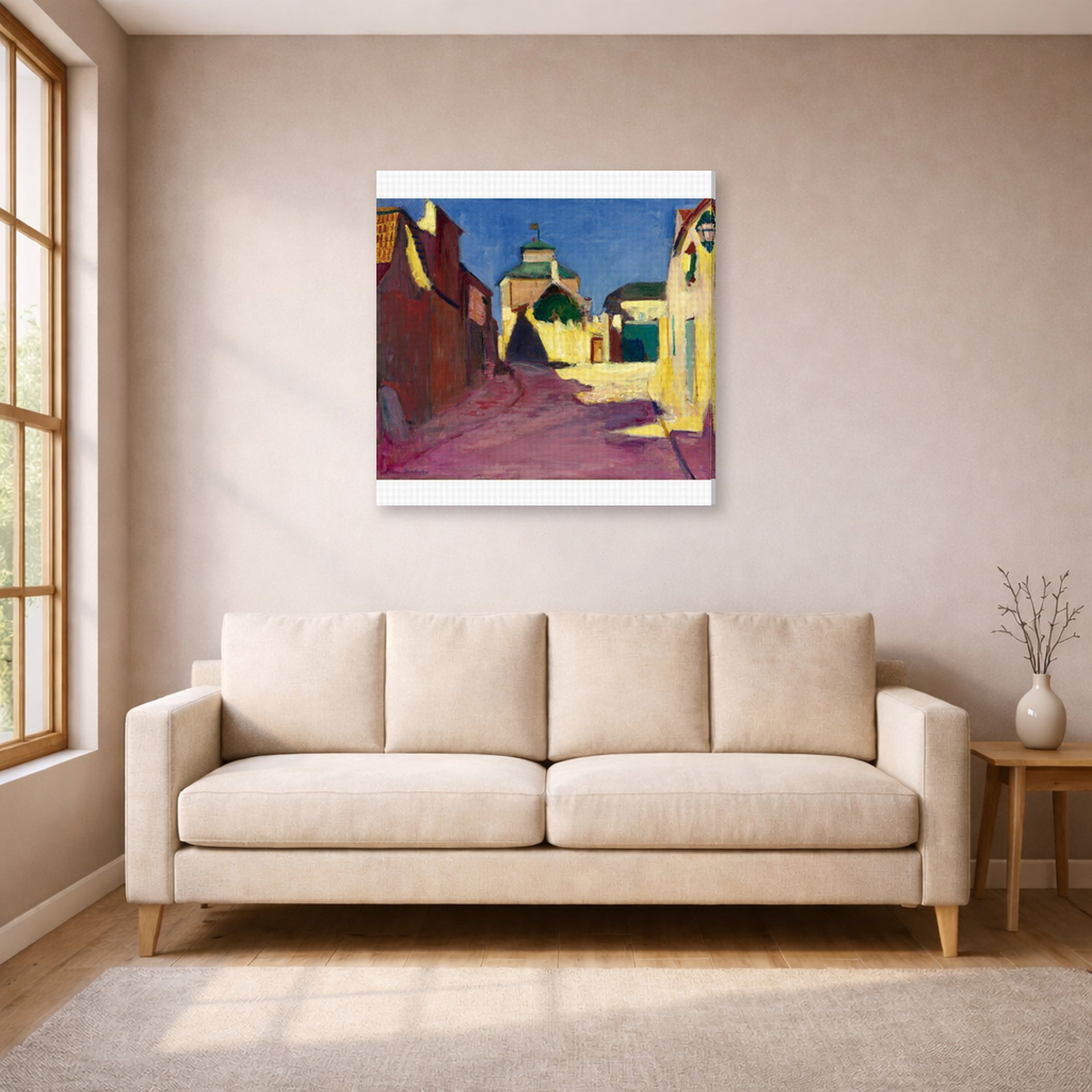 Gallery-wrapped canvas print of Henri Matisse's Une Rue a Arcueil hanging in a living room, view 1