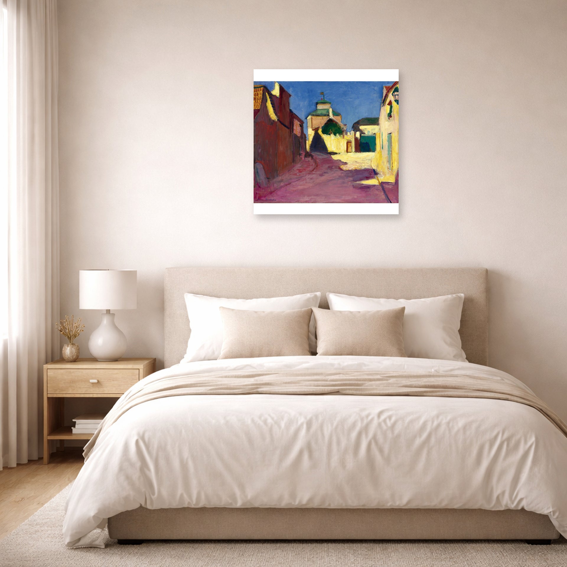 Unframed poster print of Henri Matisse's Une Rue a Arcueil displayed above a bed in a bedroom