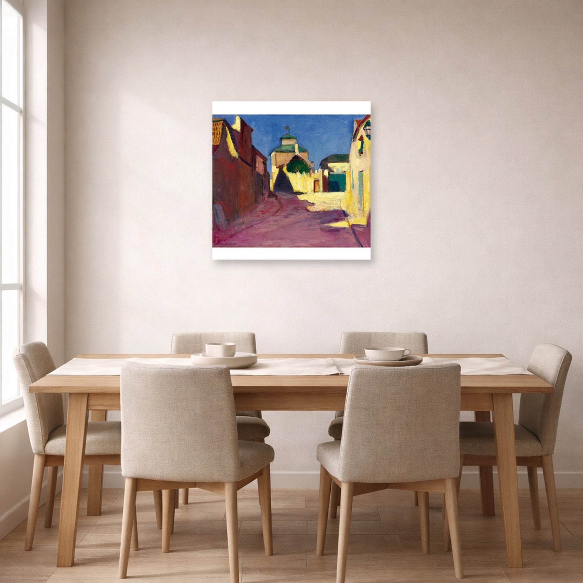 Unframed poster print of Henri Matisse's Une Rue a Arcueil displayed on a dining room wall