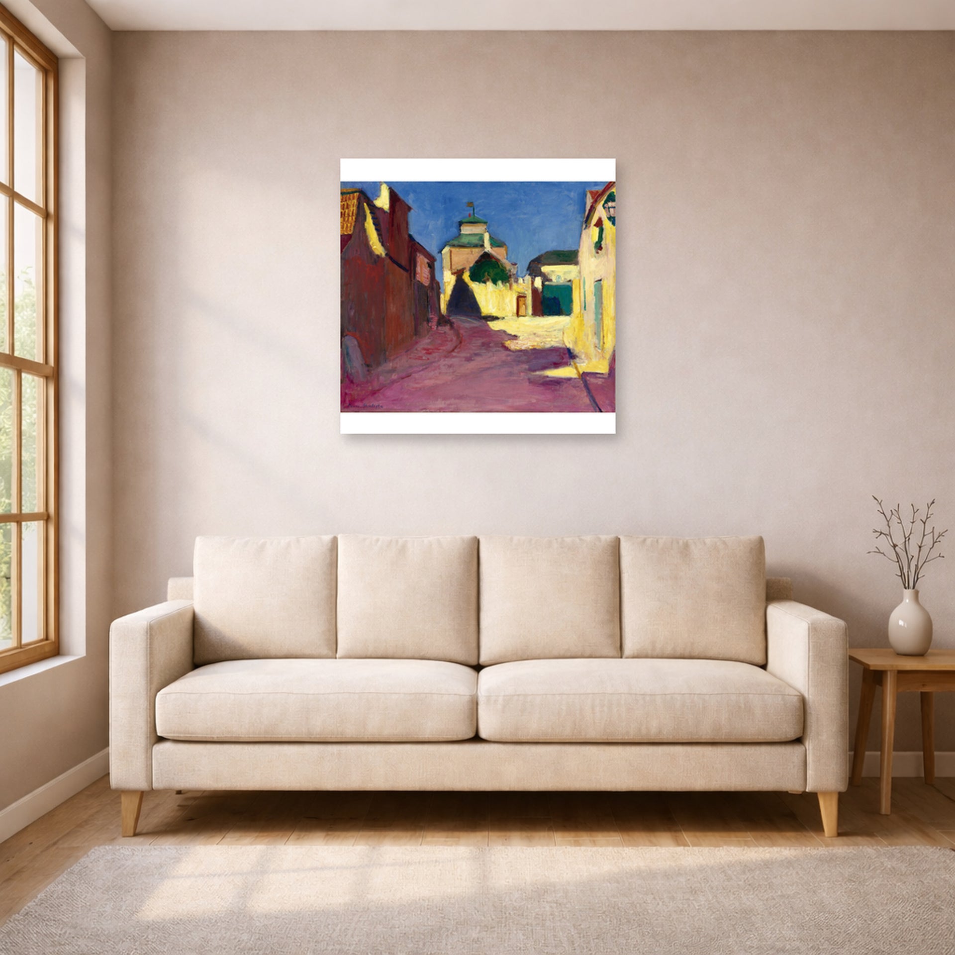 Unframed poster print of Henri Matisse's Une Rue a Arcueil displayed in a living room, view 1