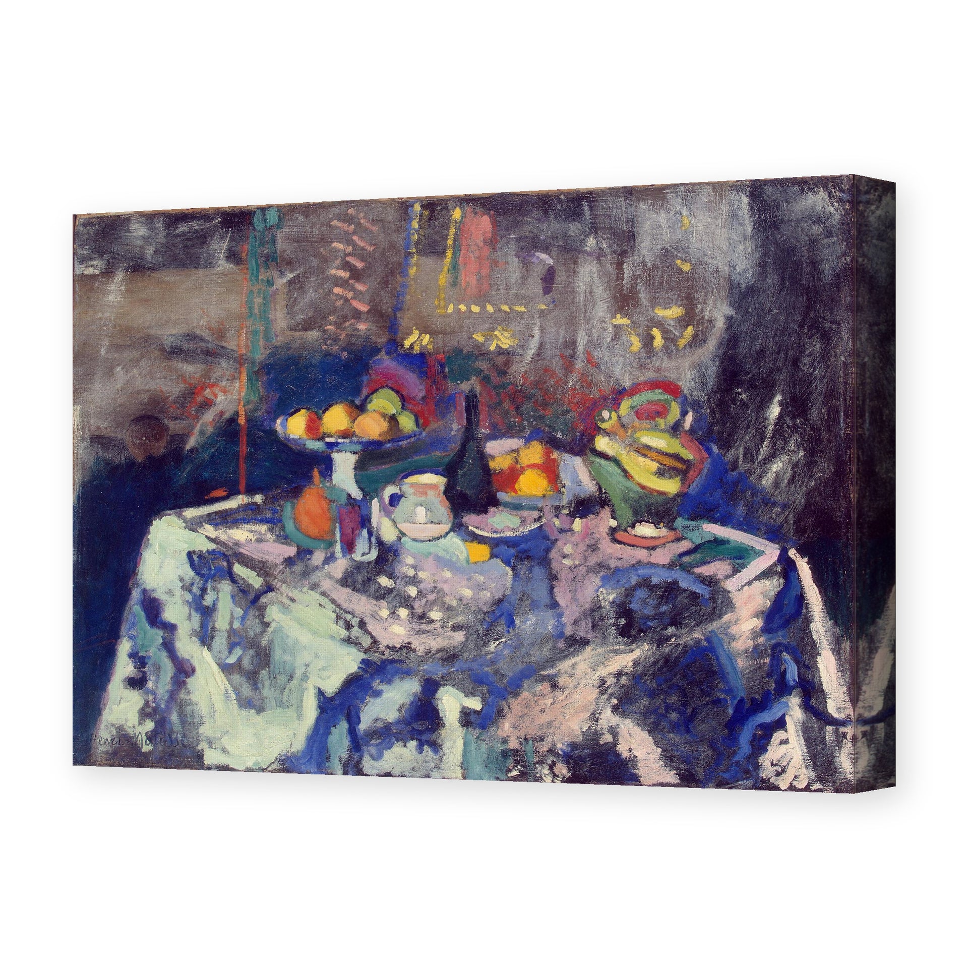 Henri Matisse's Bottle and Fruit painting reproduced as a gallery-wrapped canvas print