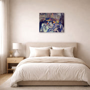Gallery-wrapped canvas print of Henri Matisse's Vase, Bottle and Fruit hanging above a bed in a bedroom