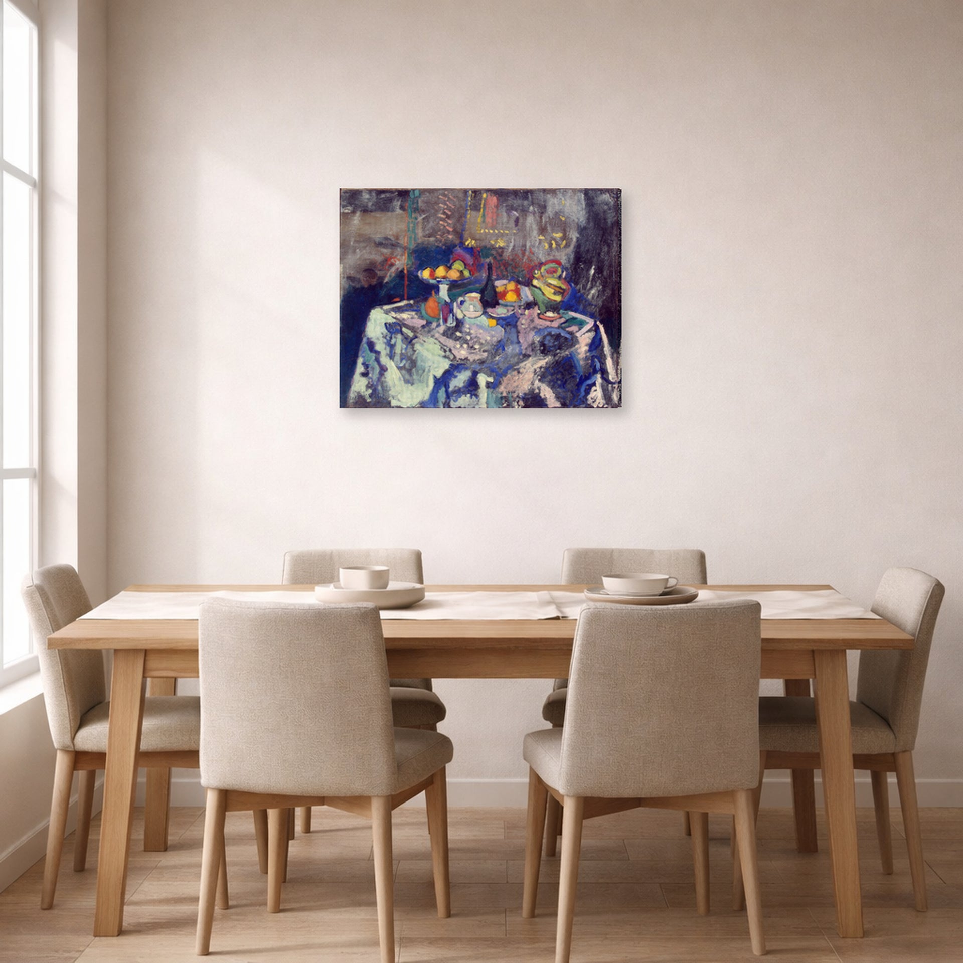 Gallery-wrapped canvas print of Henri Matisse's Bottle and Fruit hanging on a dining room wall